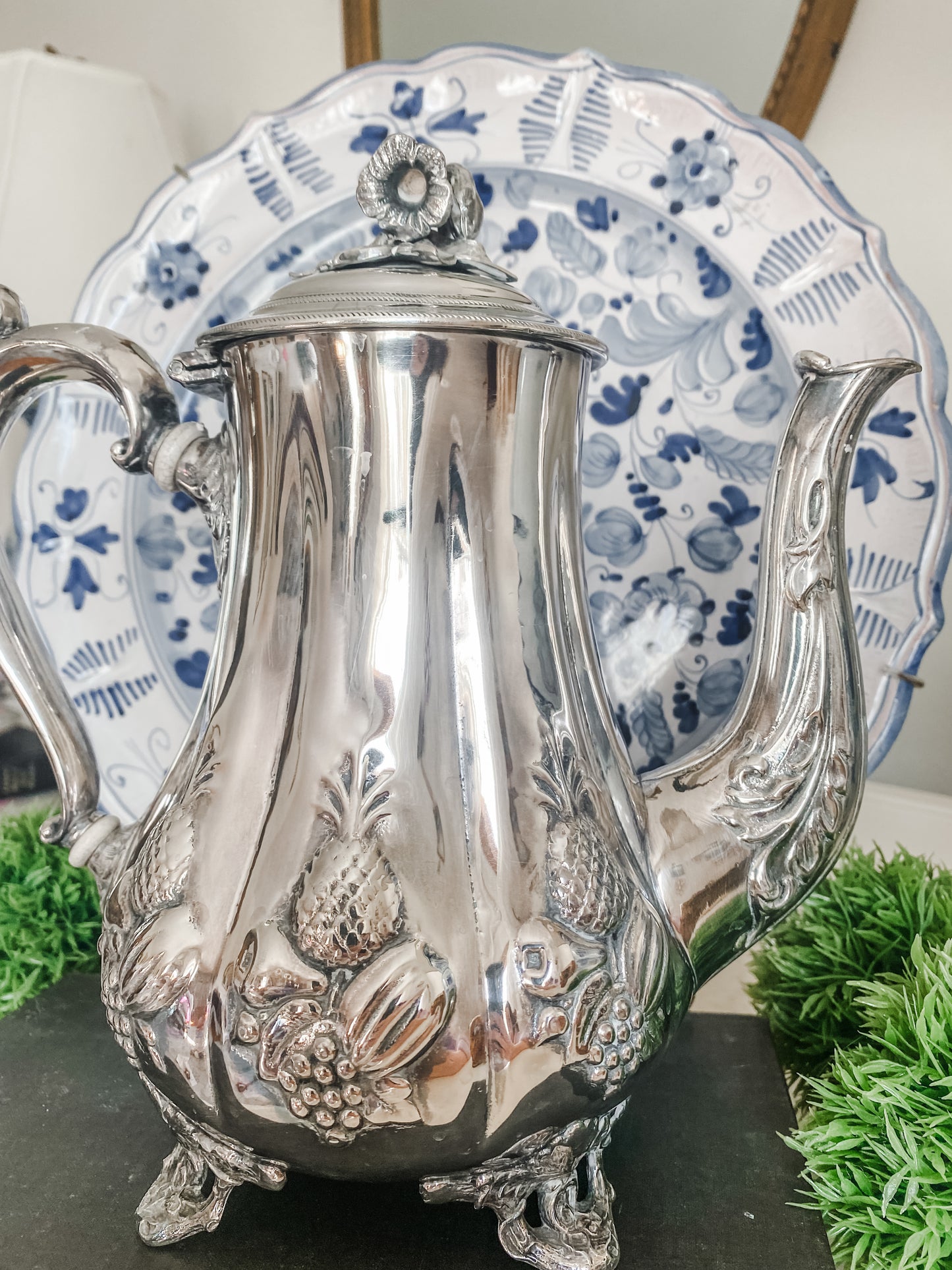 James Allan Antique Sheffield Teapot with Repoussé Fruit Design