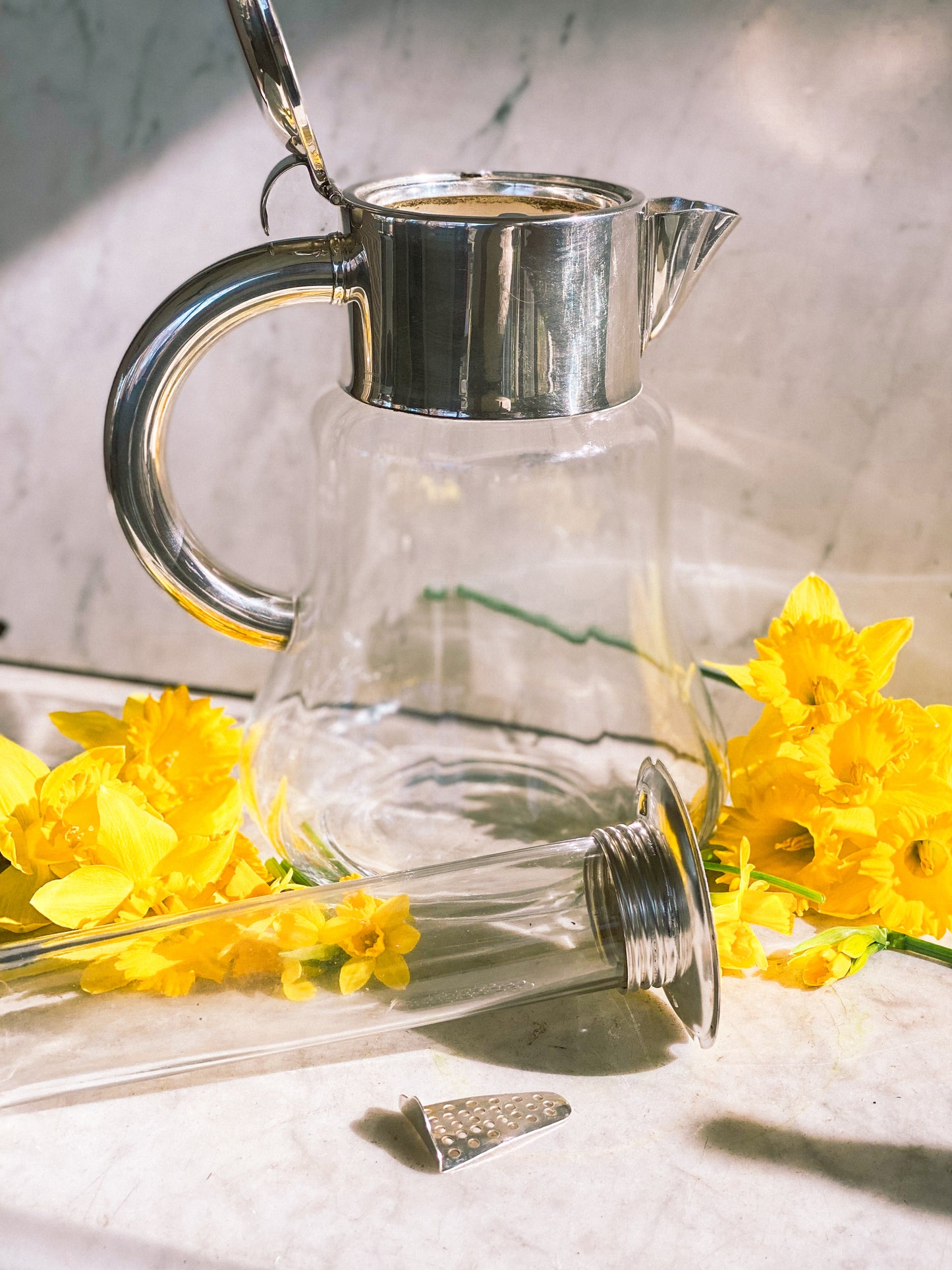 Early 1900s Antique Water Pitcher with Freezable Insert & Strainer