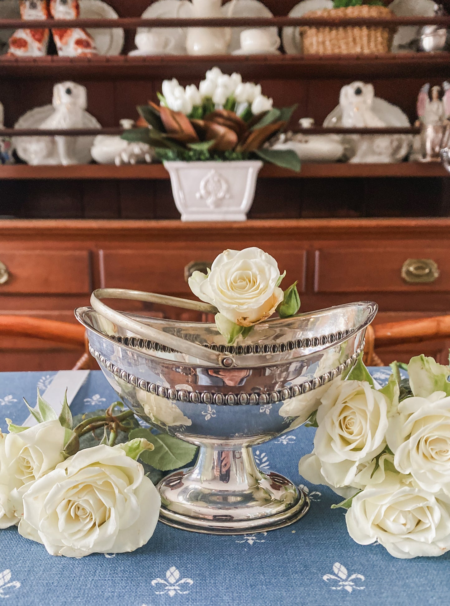 Charming Antique Miniature Silver Basket with Moveable Handle & Beaded Detail