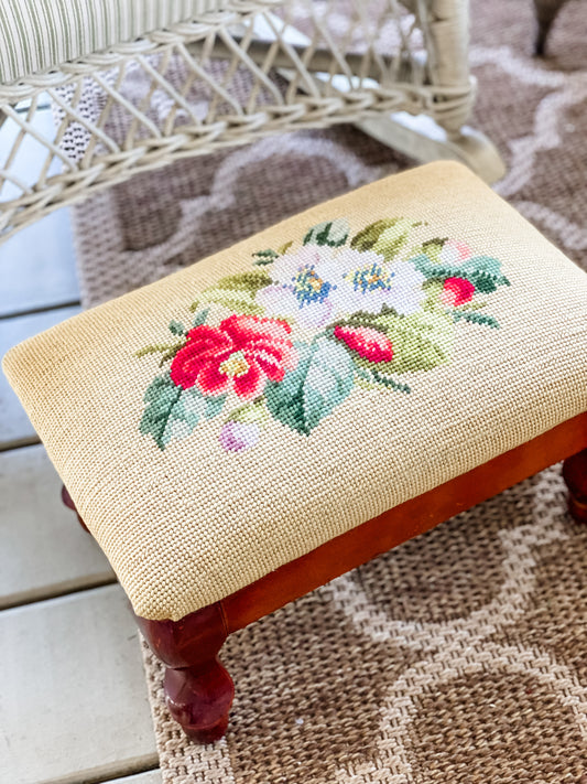 Antique Needlepoint Footstool with Vibrant Floral Design