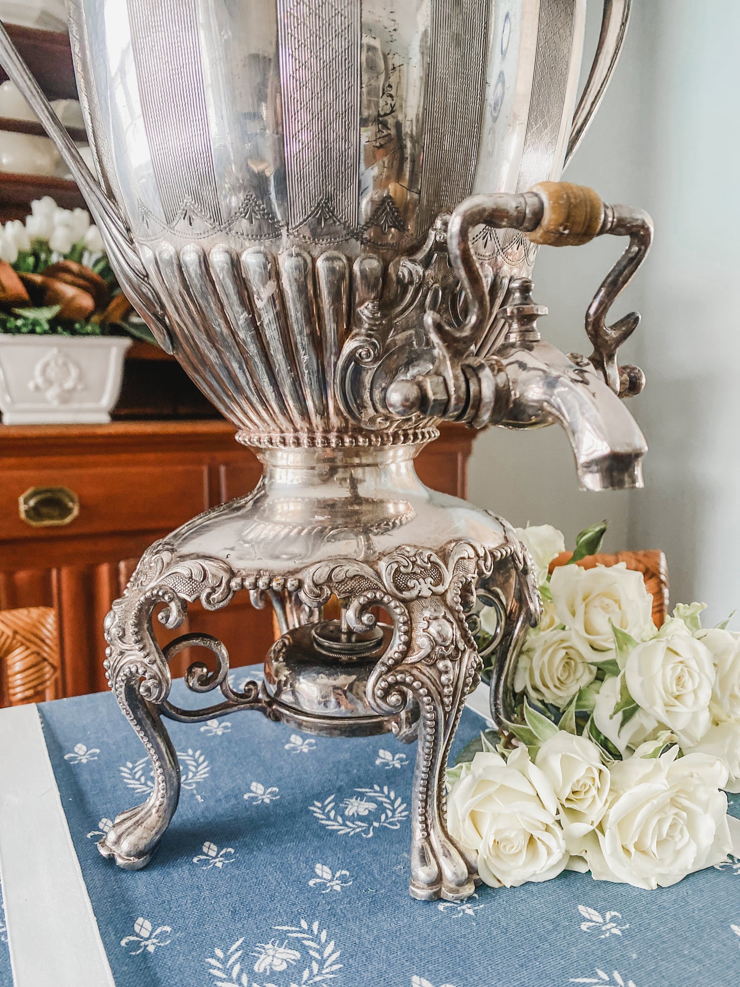 Magnificent Early 1800s Silverplate Hot Water Urn – Ornate Design with Original Burner