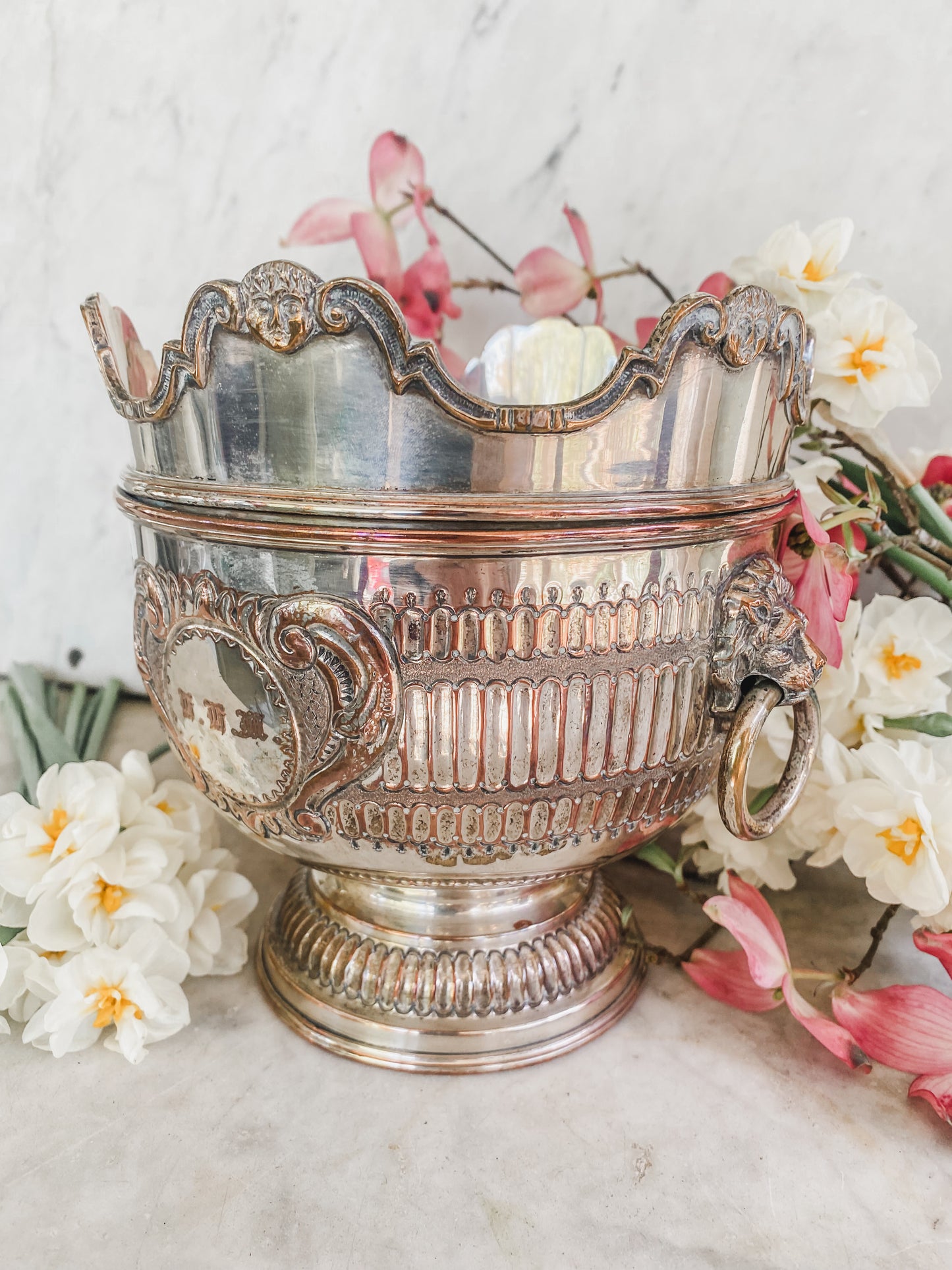 Antique Silver on Copper Pot | Early 1800s | Lion Head Handles + Cherub Detail
