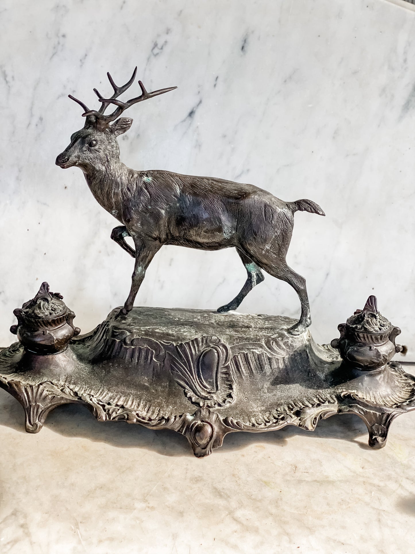 Majestic Antique French Stag Inkwell by A. Bossu