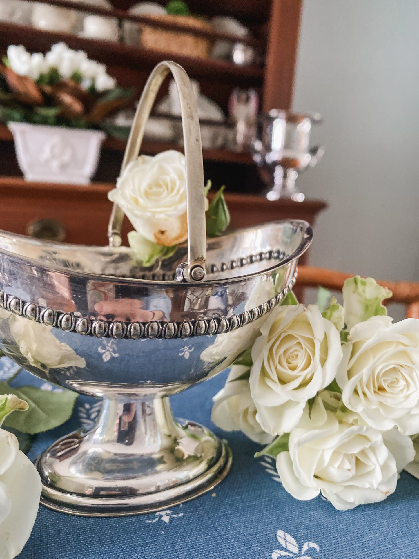 Charming Antique Miniature Silver Basket with Moveable Handle & Beaded Detail