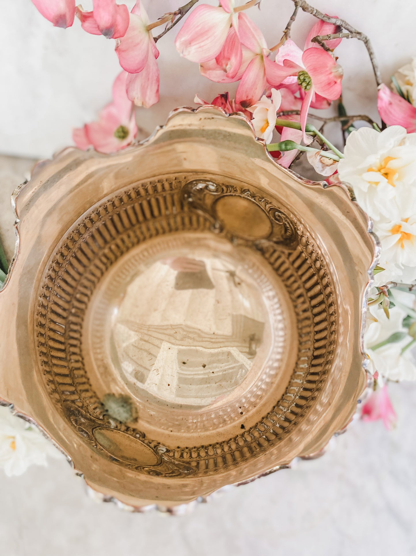 Antique Silver on Copper Pot | Early 1800s | Lion Head Handles + Cherub Detail