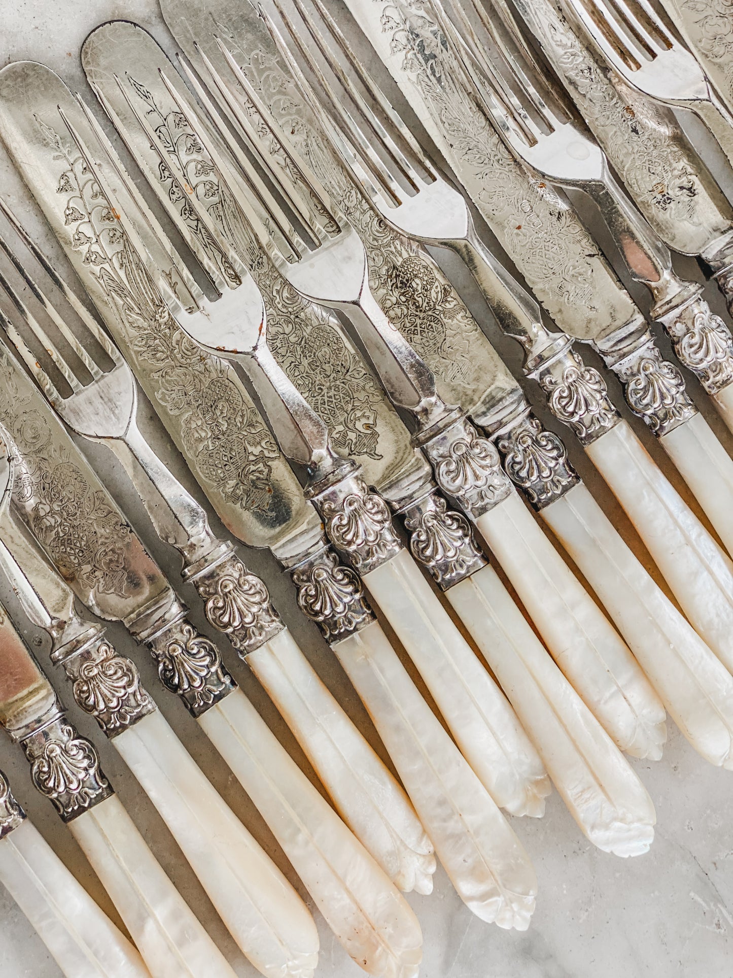 Heirloom-Worthy Victorian Flatware with Carved MOP & Botanical Blades