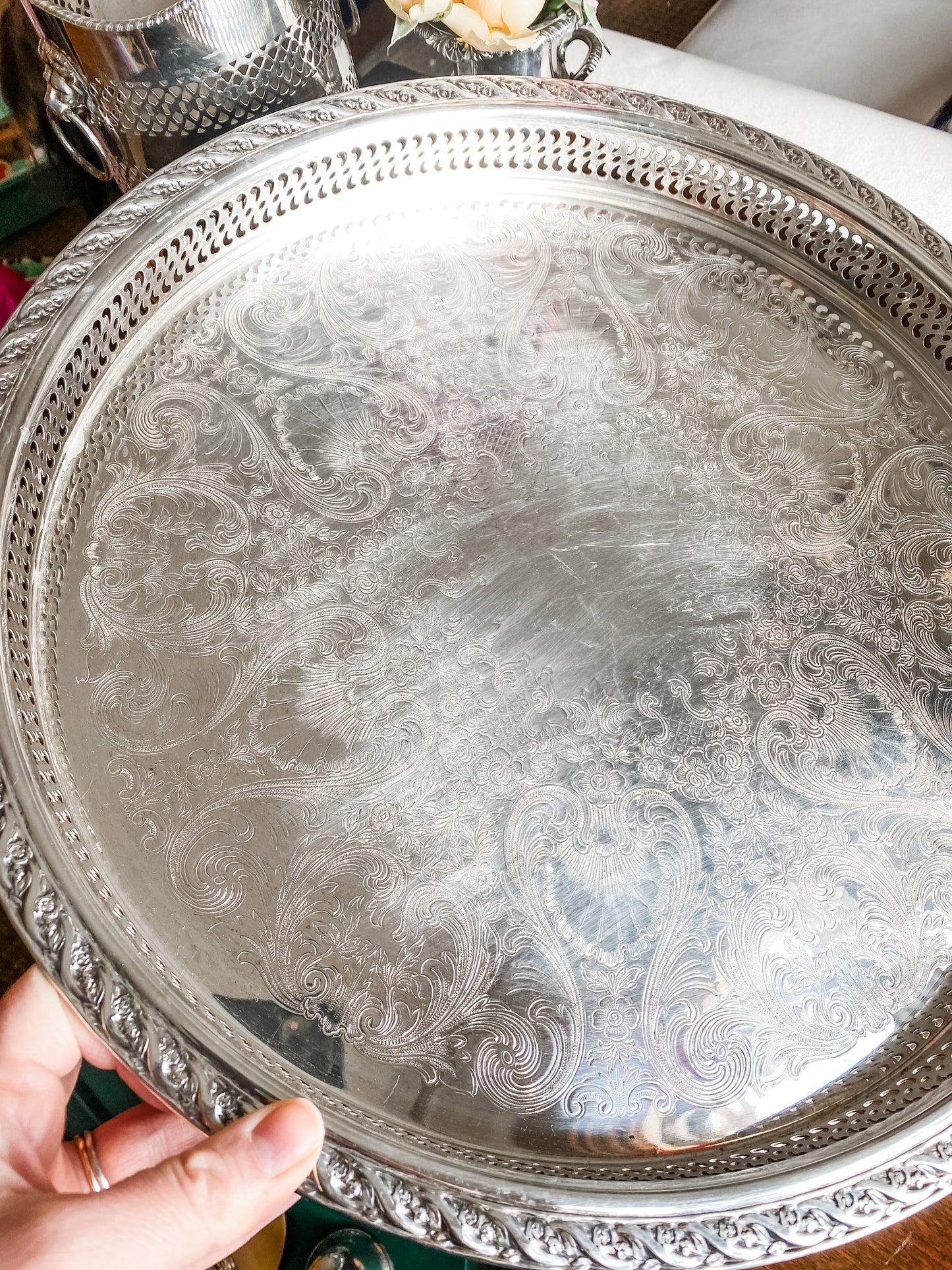 Vintage Round Silverplate Gallery Tray