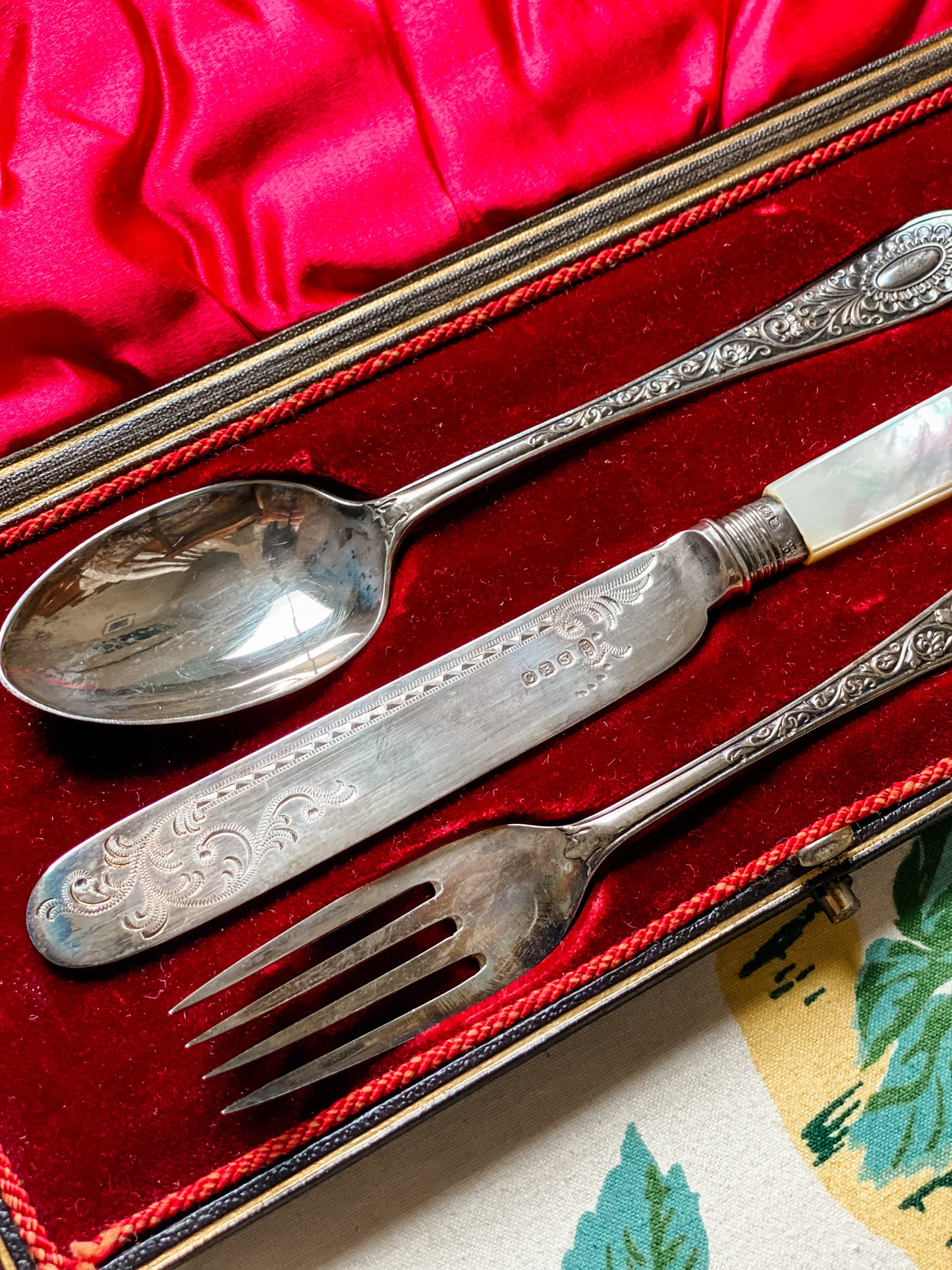 Antique Cooper Brothers Cased Travel Flatware Set — Mother of Pearl Knife w/ Sterling Ferrule