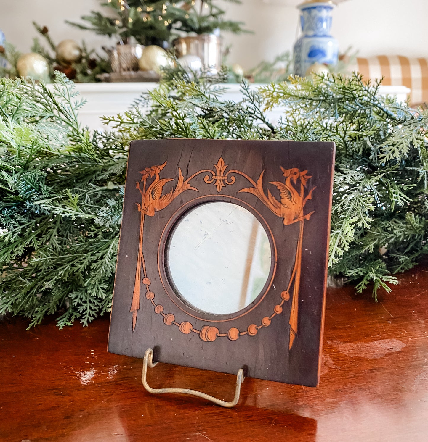 Antique Mahogany Inlaid Miniature Mirror