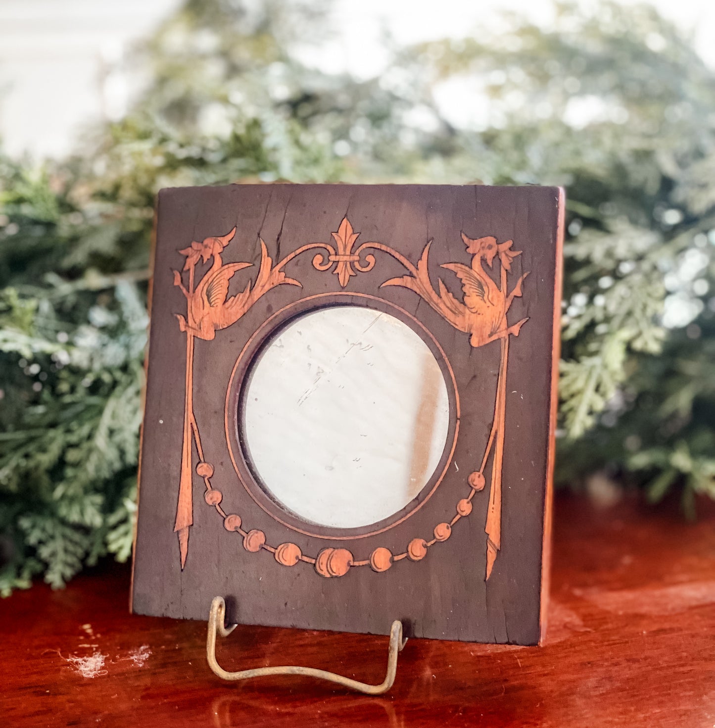 Antique Mahogany Inlaid Miniature Mirror