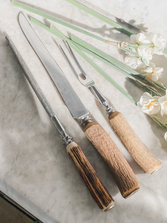 Vintage Sheffield Staghorn Carving Set – 3 Pieces