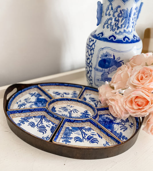 Rare Booths Real Old Willow Puzzle-Style Porcelain Serving Tray with Wooden Frame