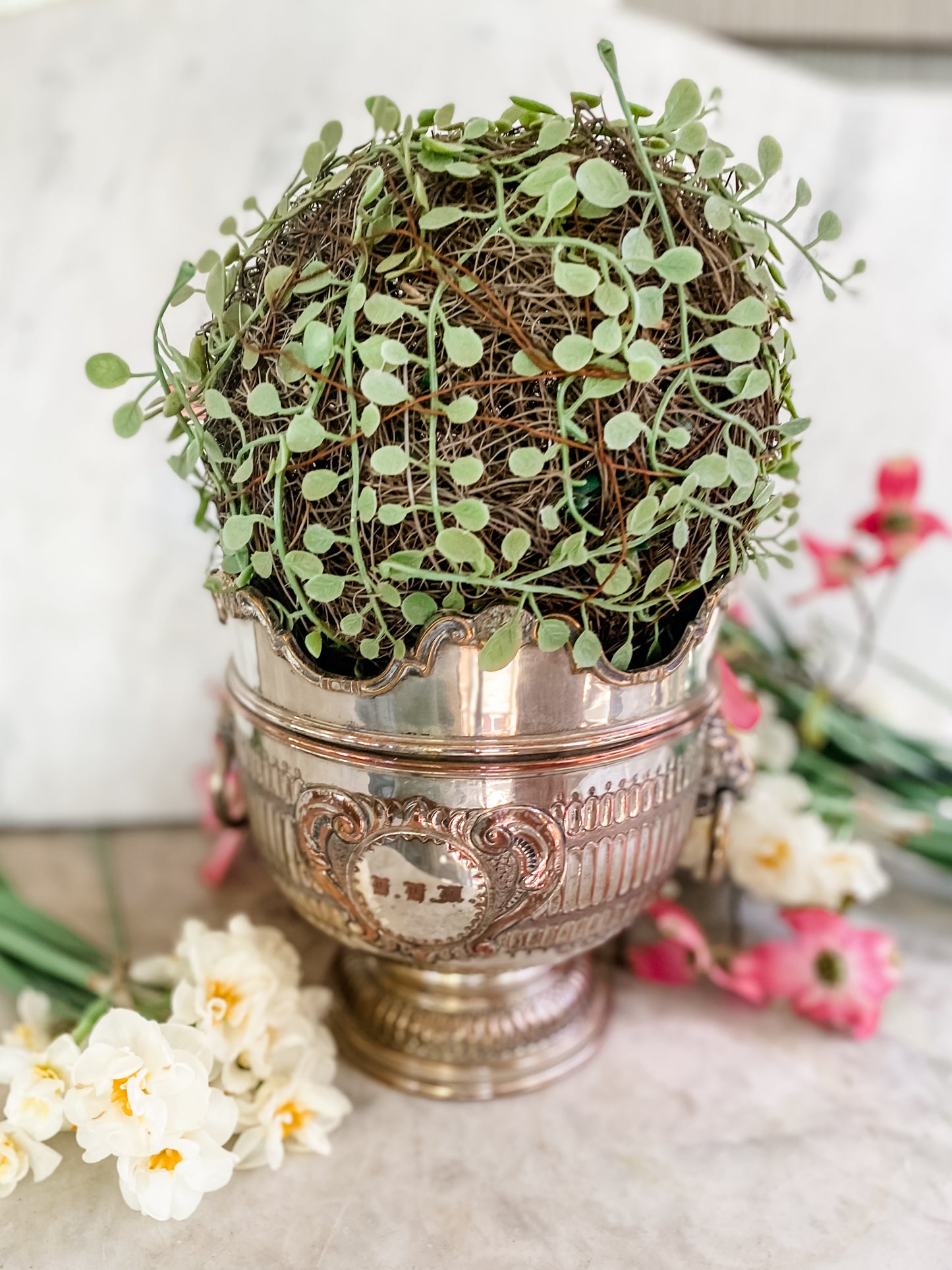Antique Silver on Copper Pot | Early 1800s | Lion Head Handles + Cherub Detail