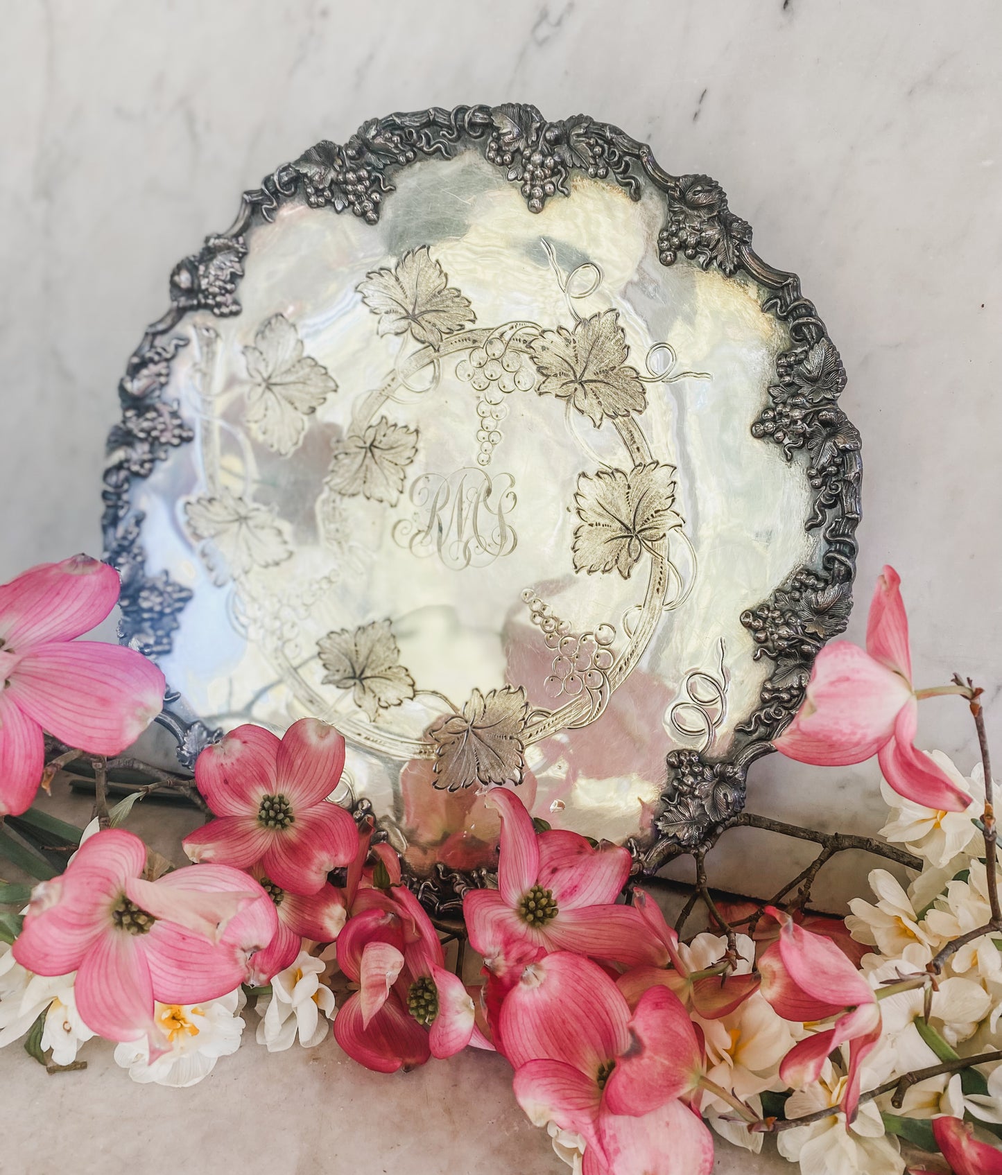 Antique Hand-Chased Pedestal Dish | Barbour Silver Co. | Mid to Late 1800s | 11” Wide