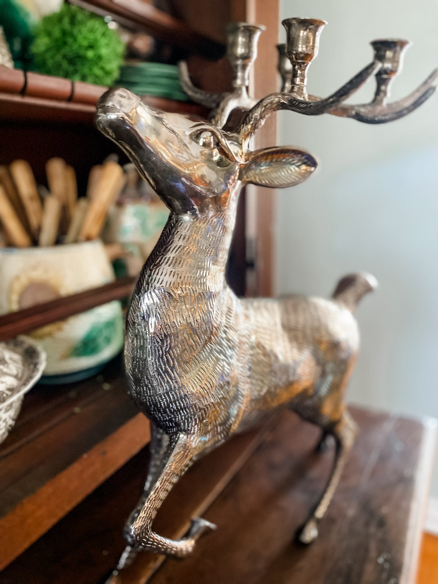 Pair of Very Large Silverplated Brass Vintage Cast Reindeer