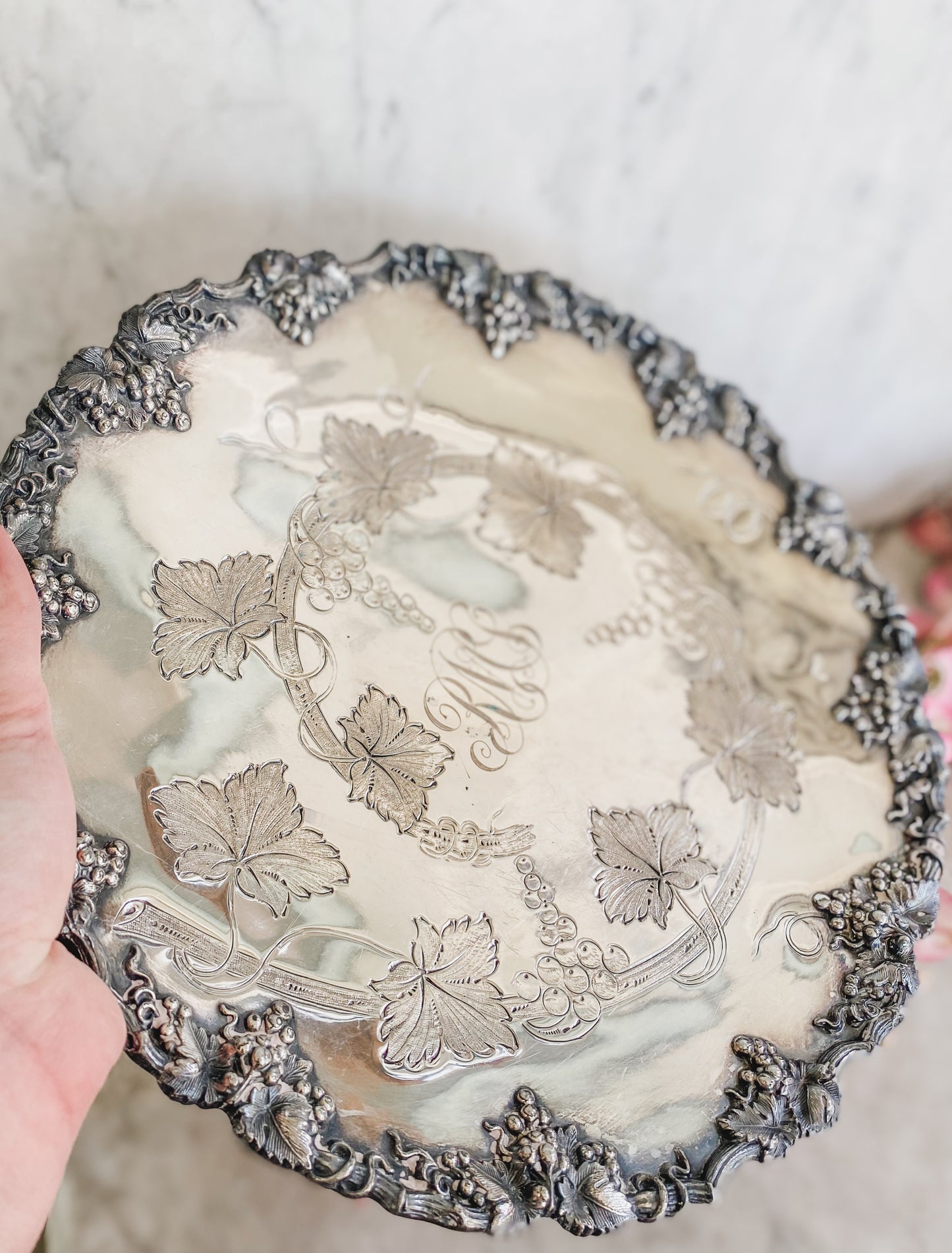 Antique Hand-Chased Pedestal Dish | Barbour Silver Co. | Mid to Late 1800s | 11” Wide
