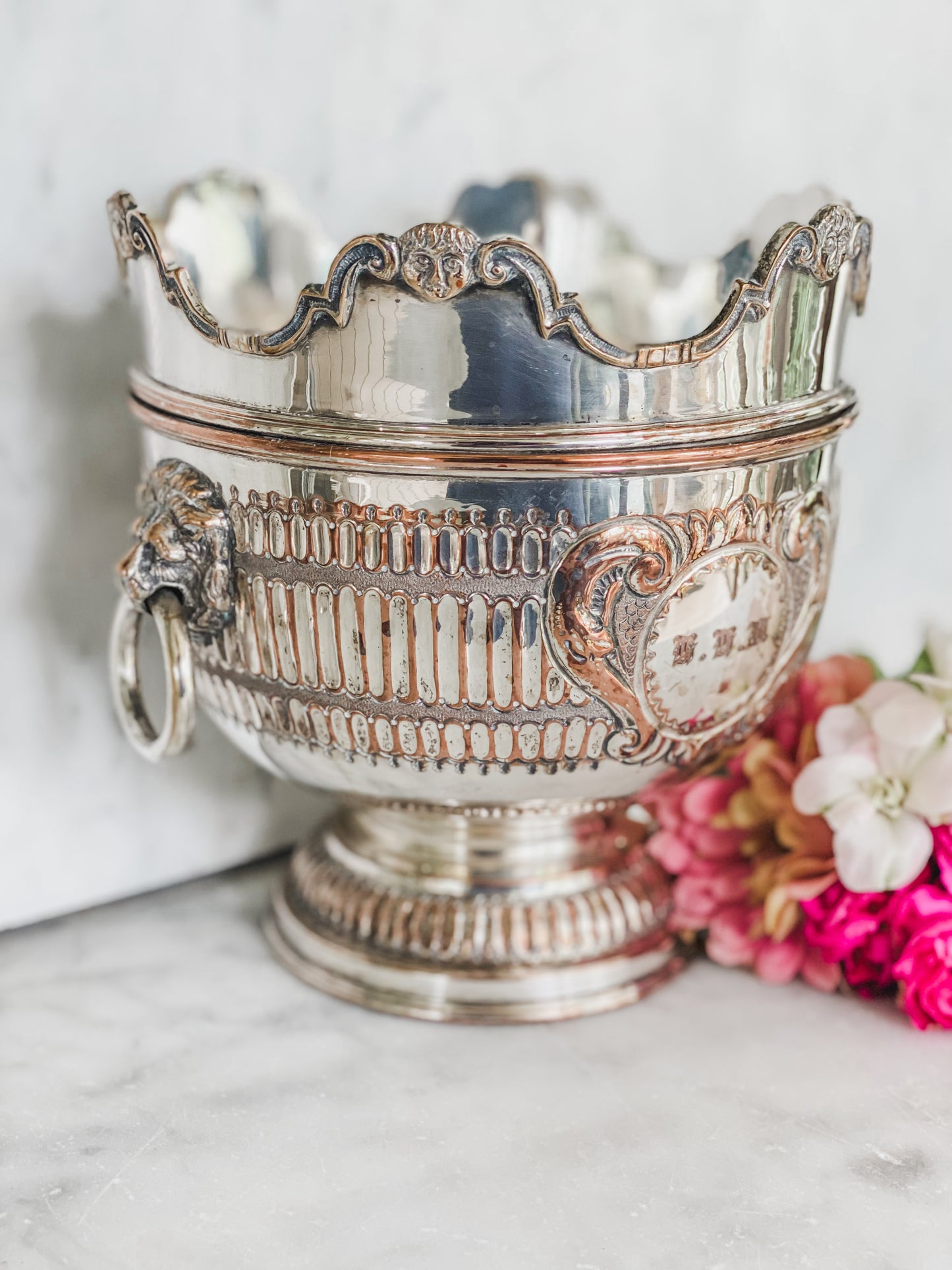 Antique Silver on Copper Pot | Early 1800s | Lion Head Handles + Cherub Detail