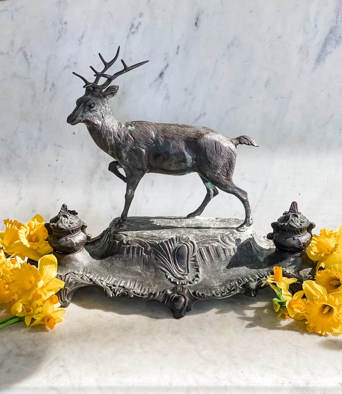 Majestic Antique French Stag Inkwell by A. Bossu