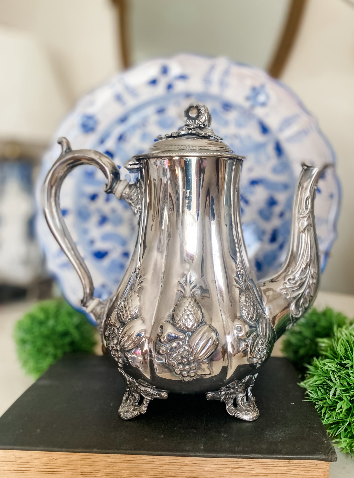 James Allan Antique Sheffield Teapot with Repoussé Fruit Design