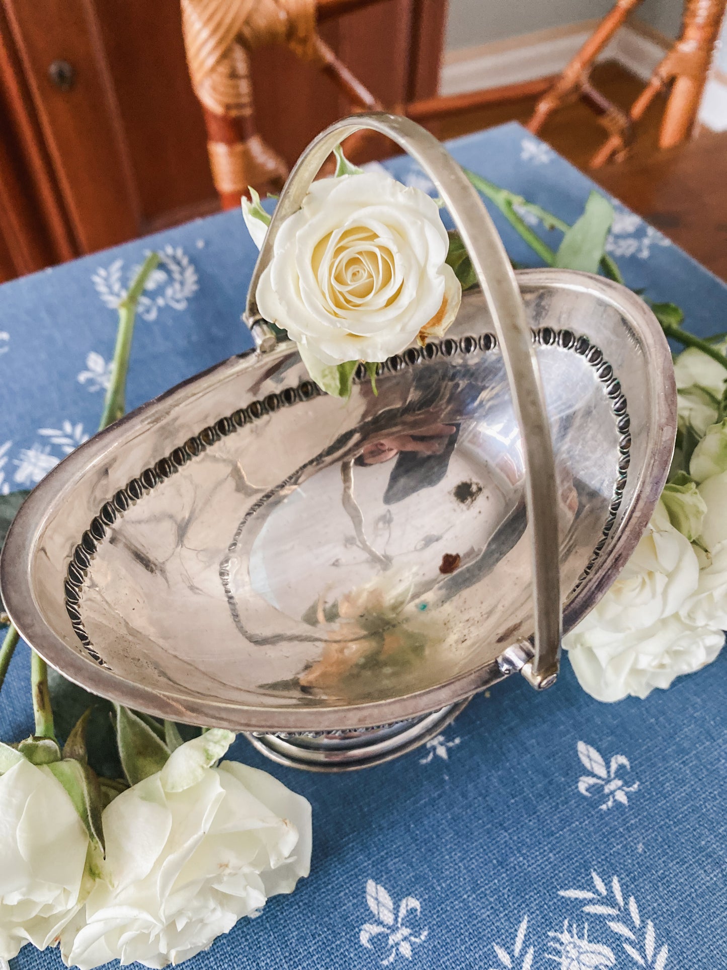 Charming Antique Miniature Silver Basket with Moveable Handle & Beaded Detail