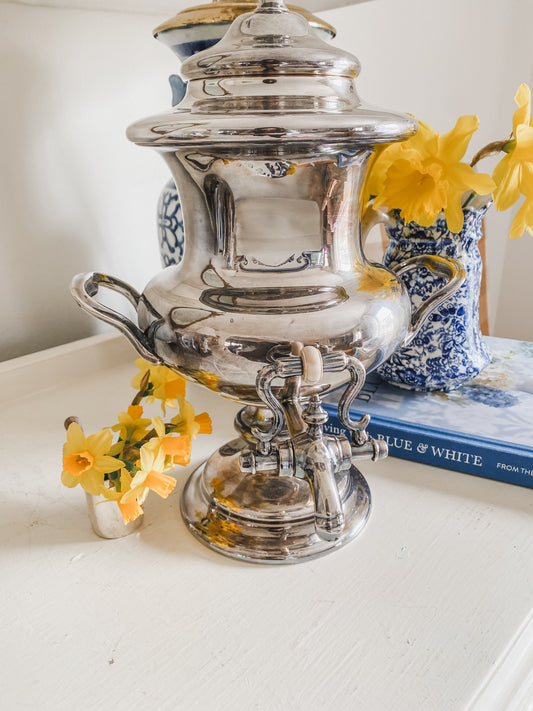 Old Sheffield Plate Water Urn – 15" Hand-Finished Antique with Fluted Design