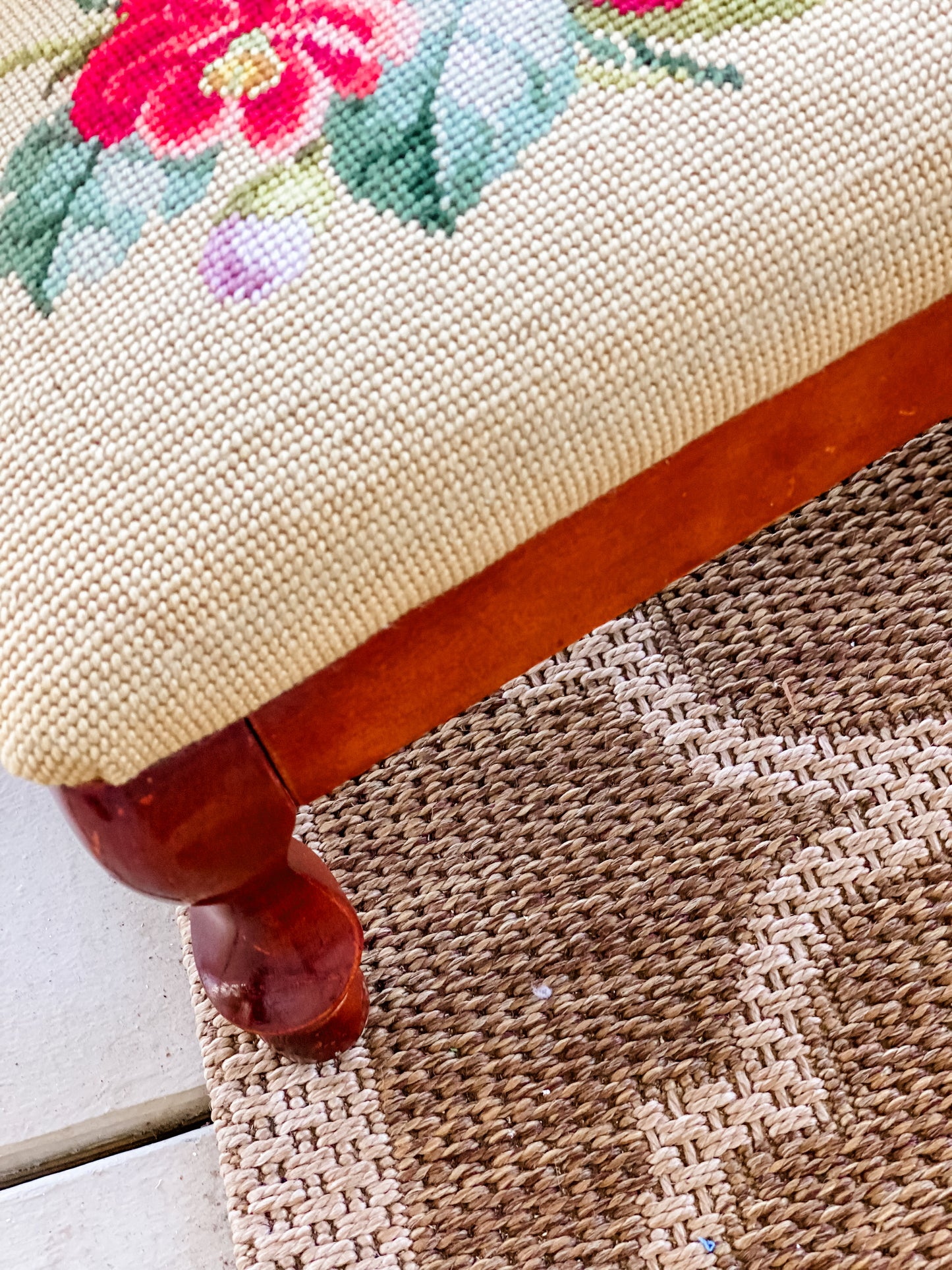 Antique Needlepoint Footstool with Vibrant Floral Design
