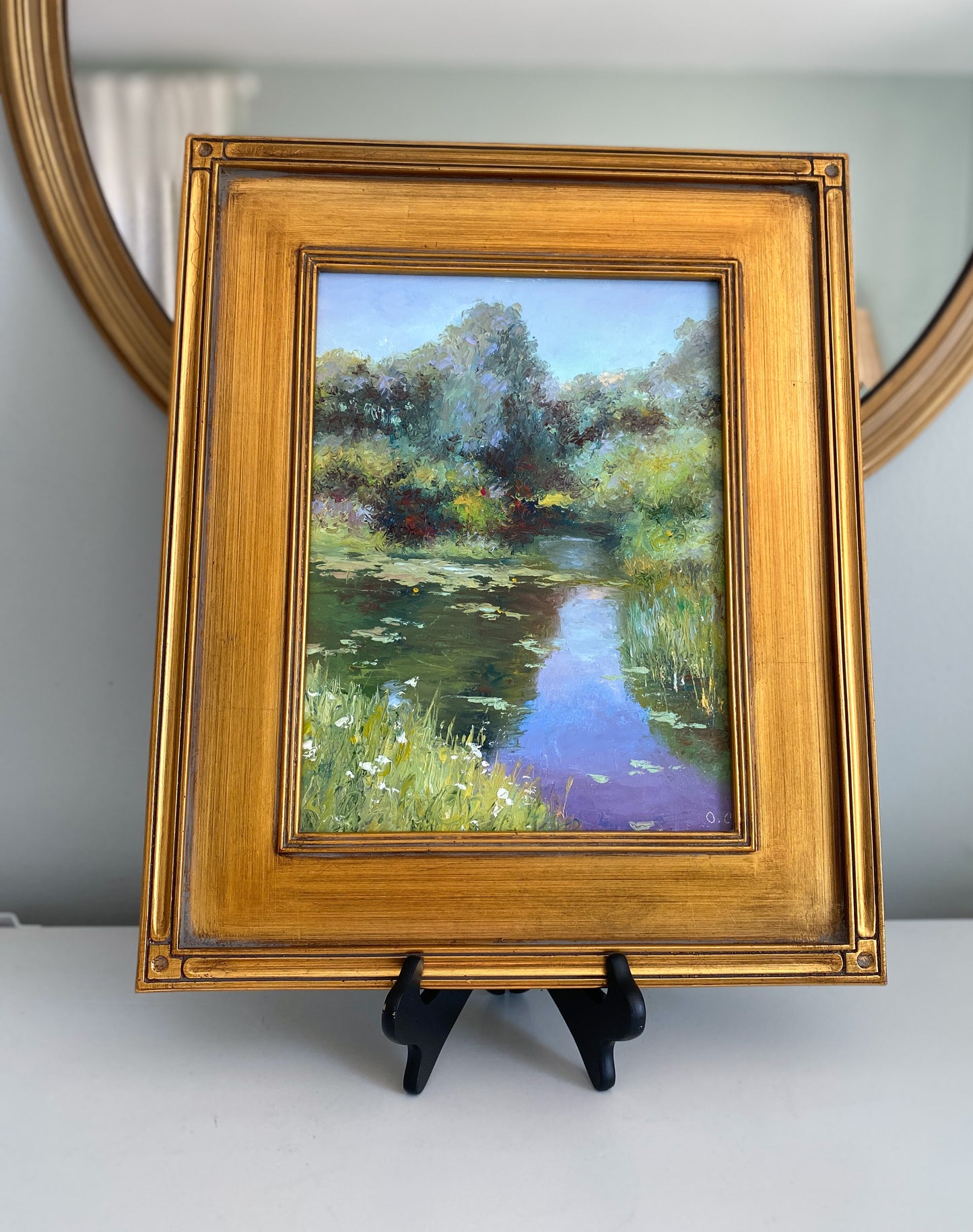 Original Signed Oil on Panel Painting of Lily Pad Pond