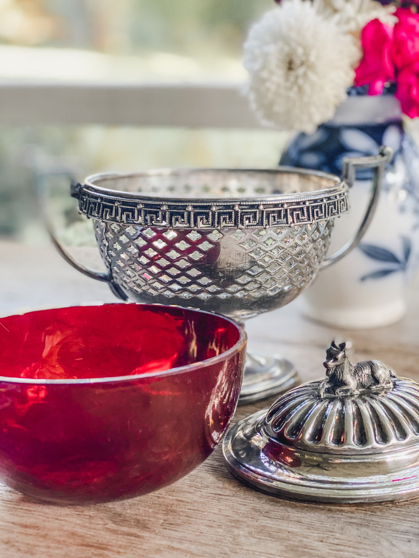Antique Compote with Ruby Red Glass Liner
