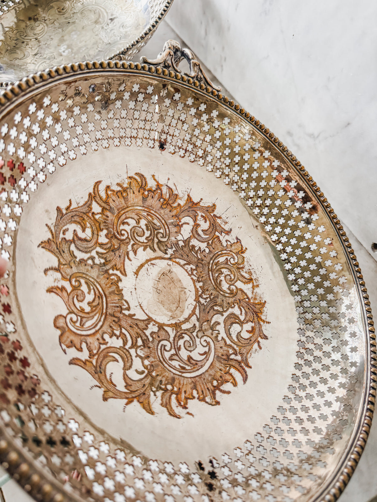 Pair of Antique Pierced Bowls with Handles & Beaded Edges