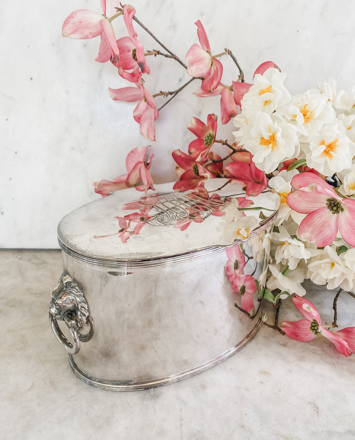 Antique Lion-Handled Cache Pot | Hukin & Heath | 8” x 4.5” x 4” Tall