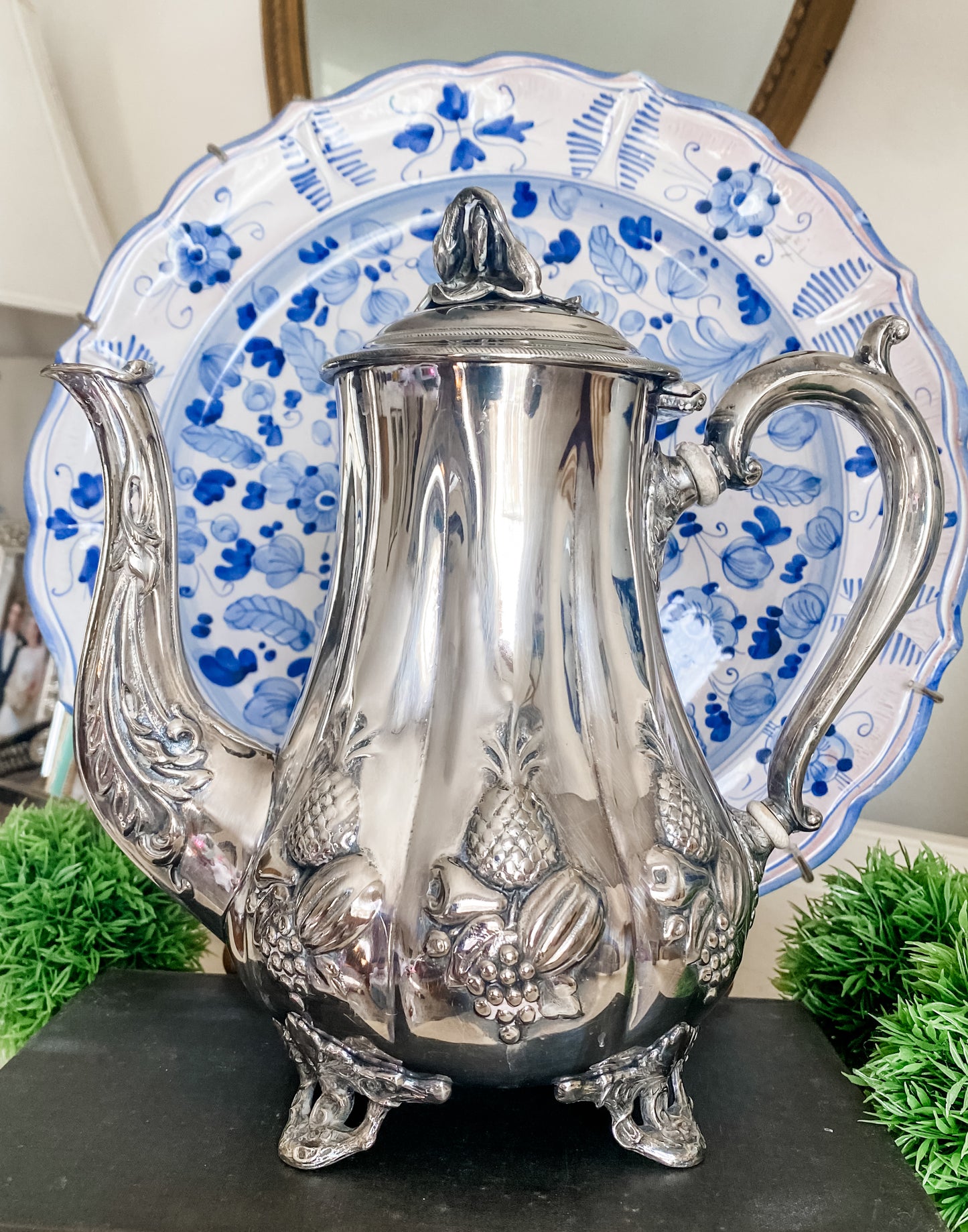 James Allan Antique Sheffield Teapot with Repoussé Fruit Design