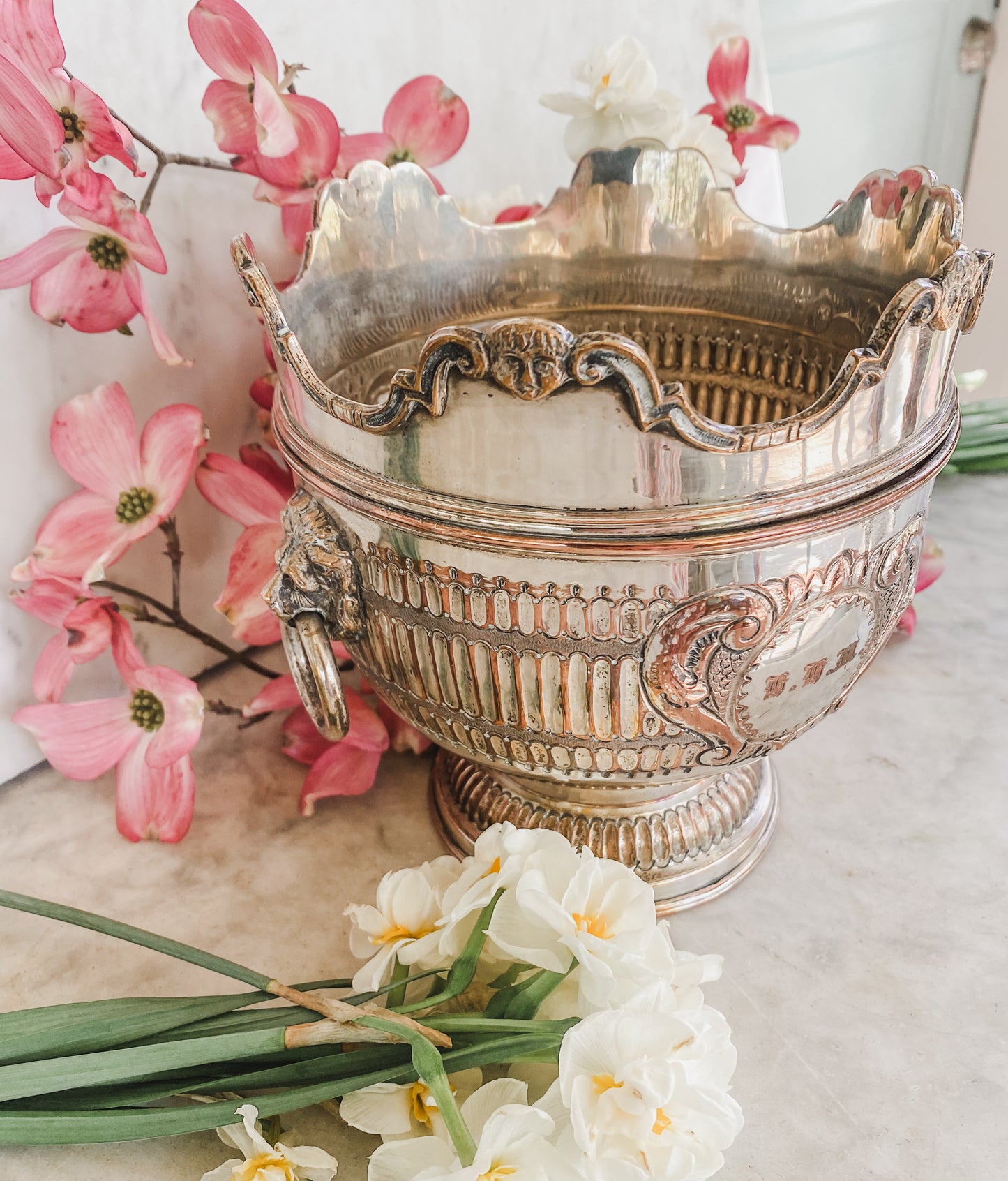 Antique Silver on Copper Pot | Early 1800s | Lion Head Handles + Cherub Detail
