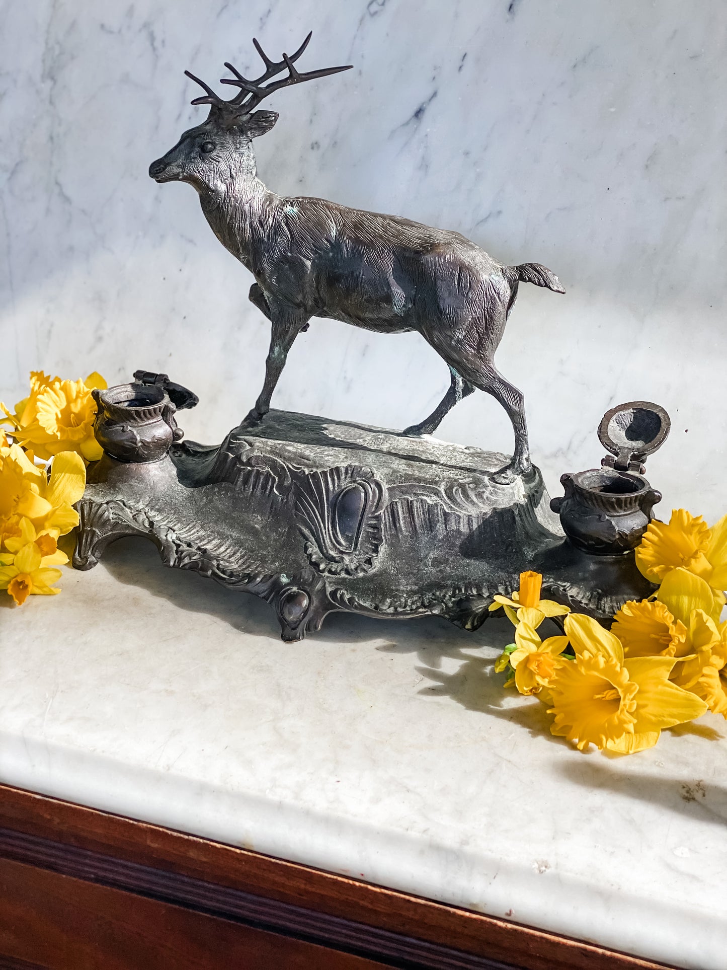 Majestic Antique French Stag Inkwell by A. Bossu