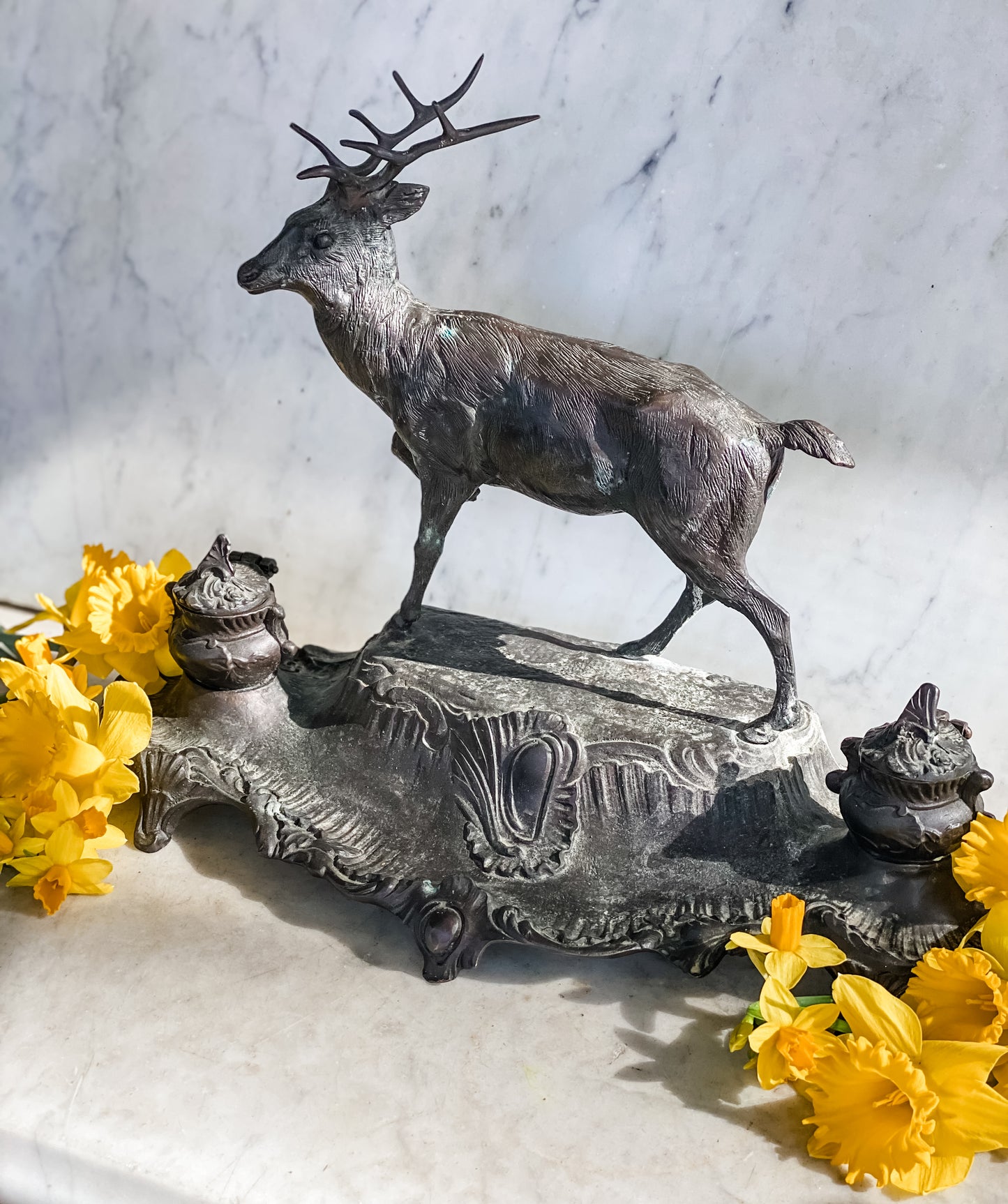 Majestic Antique French Stag Inkwell by A. Bossu