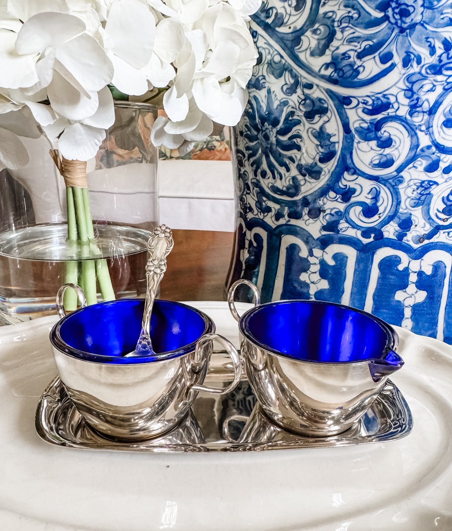 Charming Sugar and Creamer on Tray with Cobalt Liners