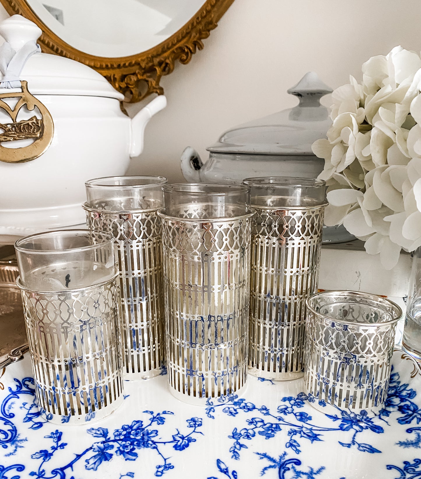 Set of 5 Vintage Reticulated Candleholders with Glass Inserts