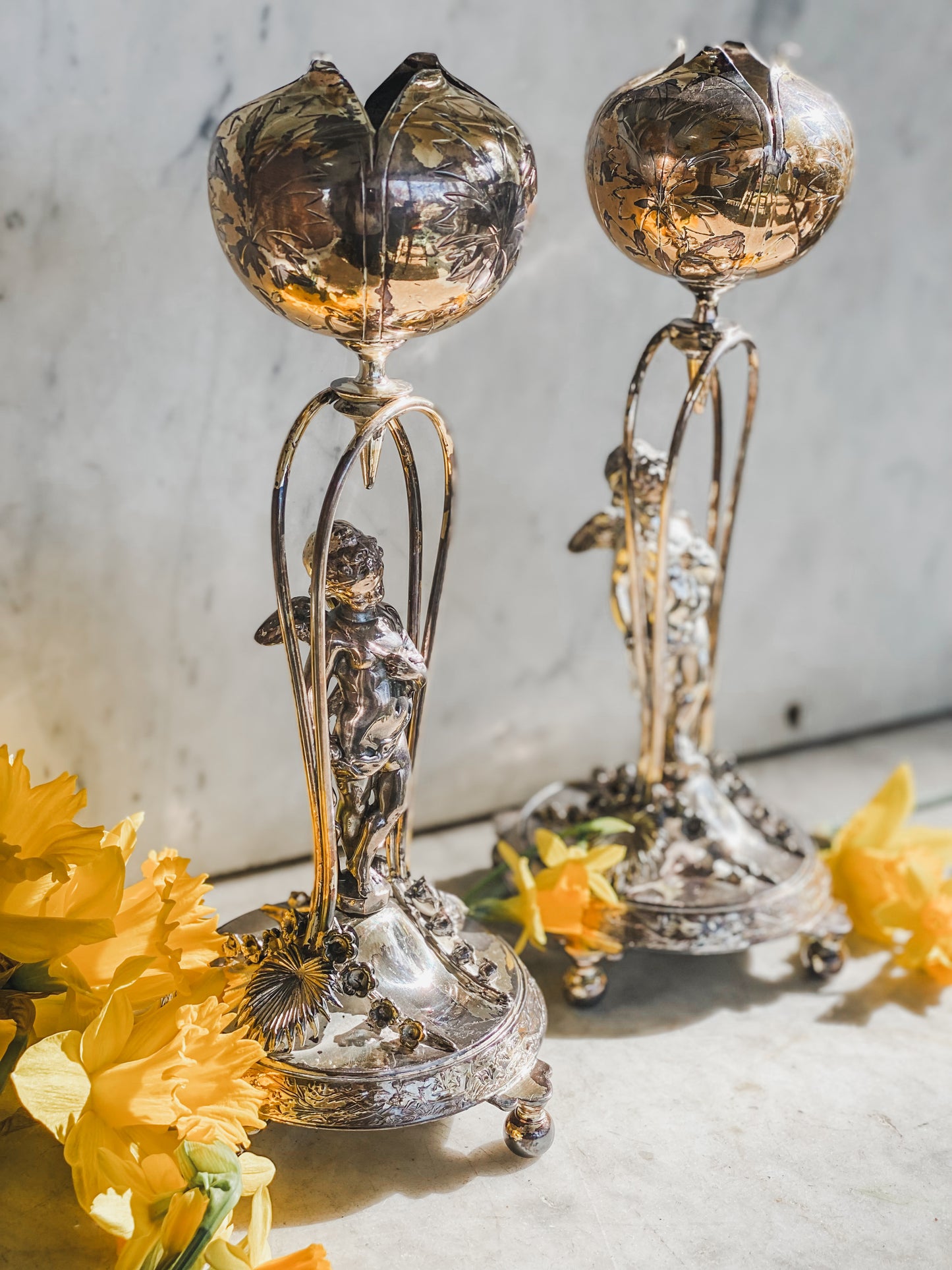 Victorian Quadroupleplate Putti Candlesticks