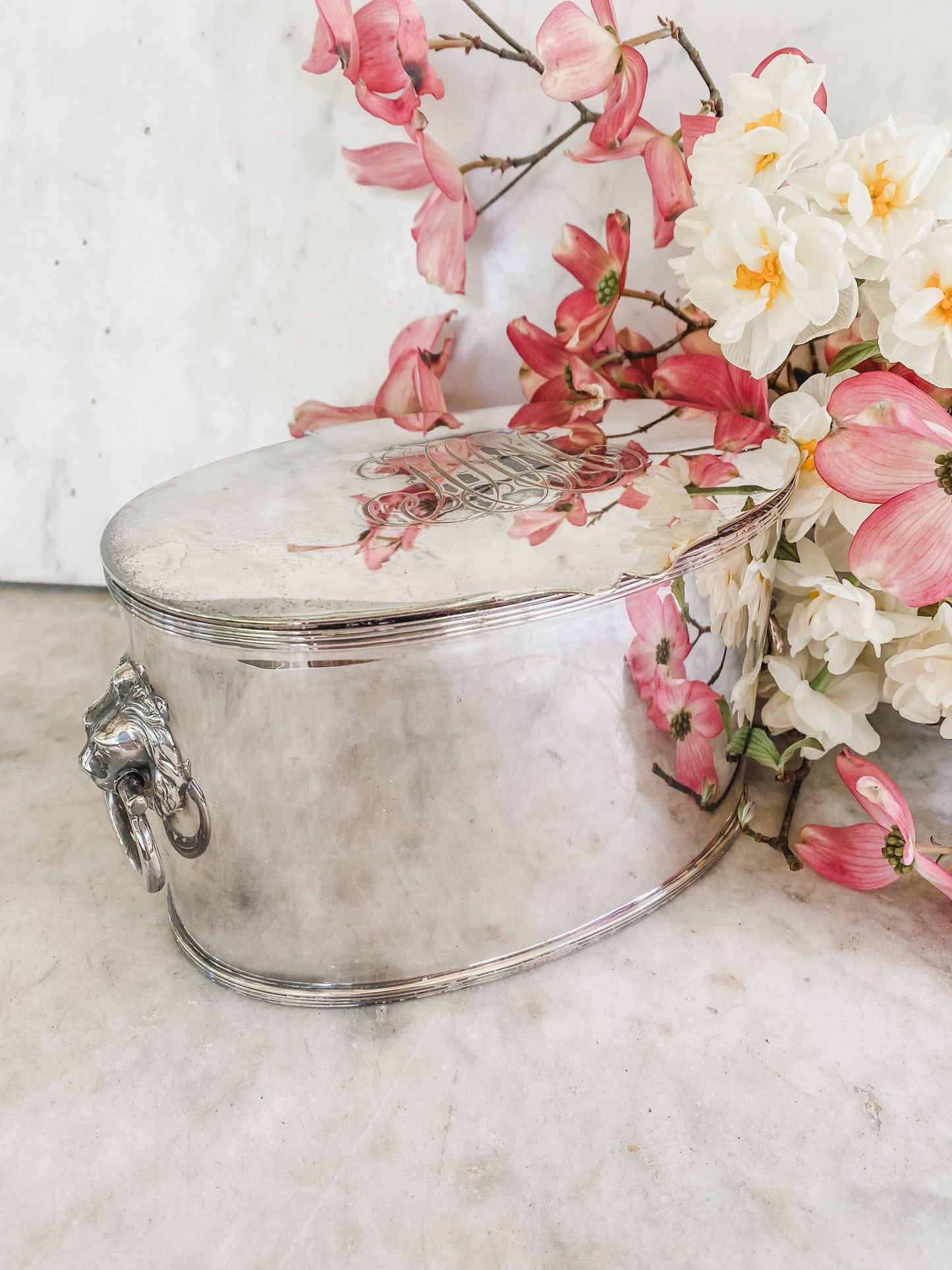 Antique Lion-Handled Cache Pot | Hukin & Heath | 8” x 4.5” x 4” Tall