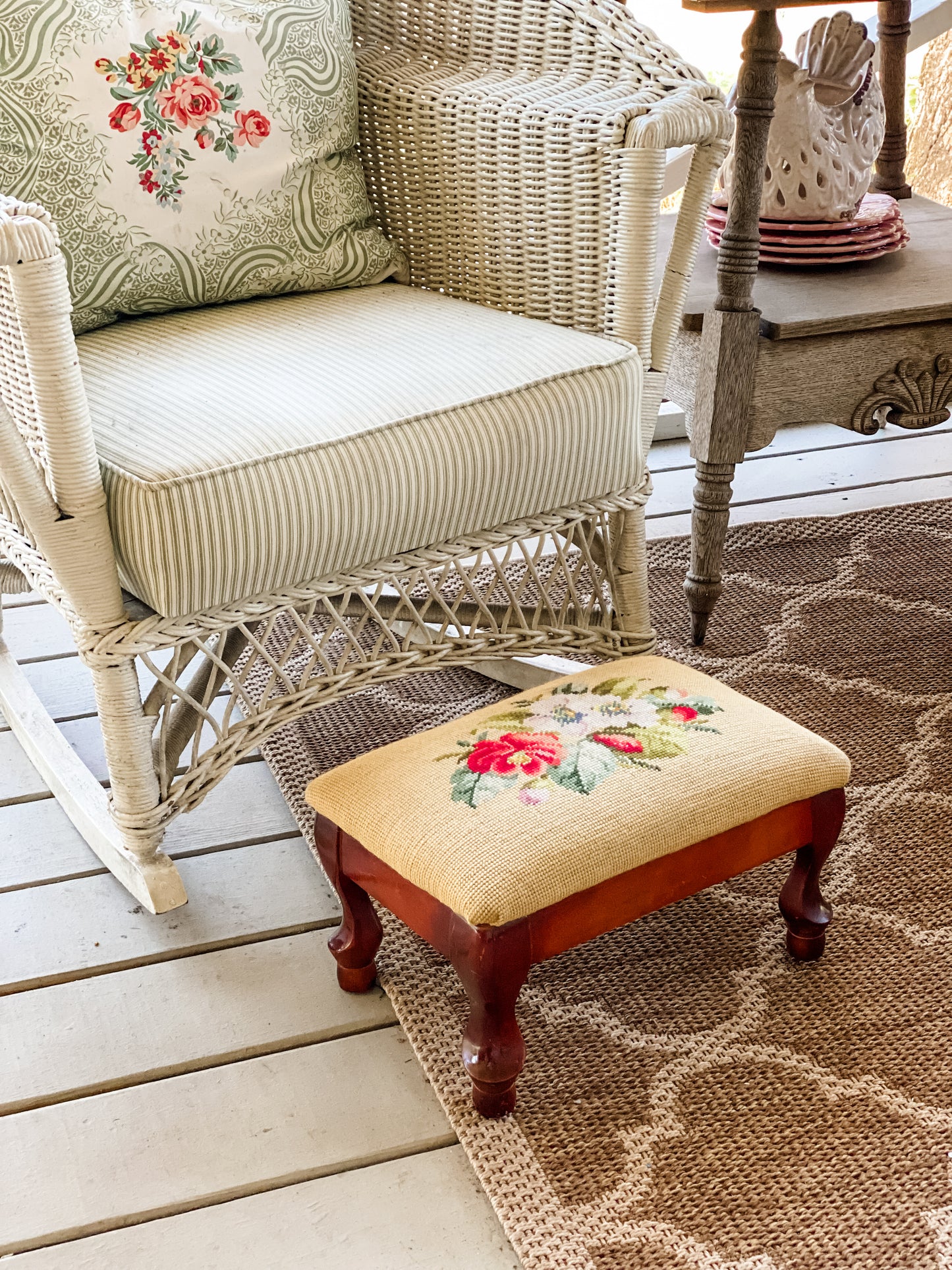 Antique Needlepoint Footstool with Vibrant Floral Design