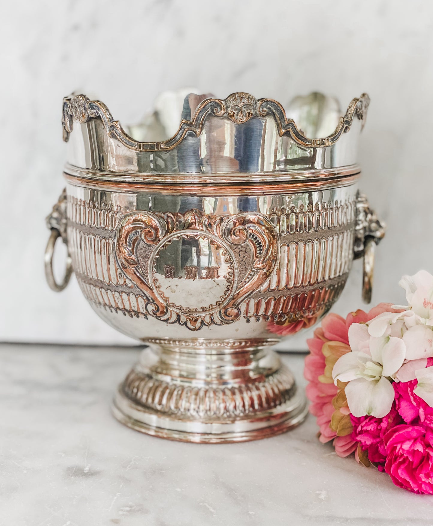 Antique Silver on Copper Pot | Early 1800s | Lion Head Handles + Cherub Detail