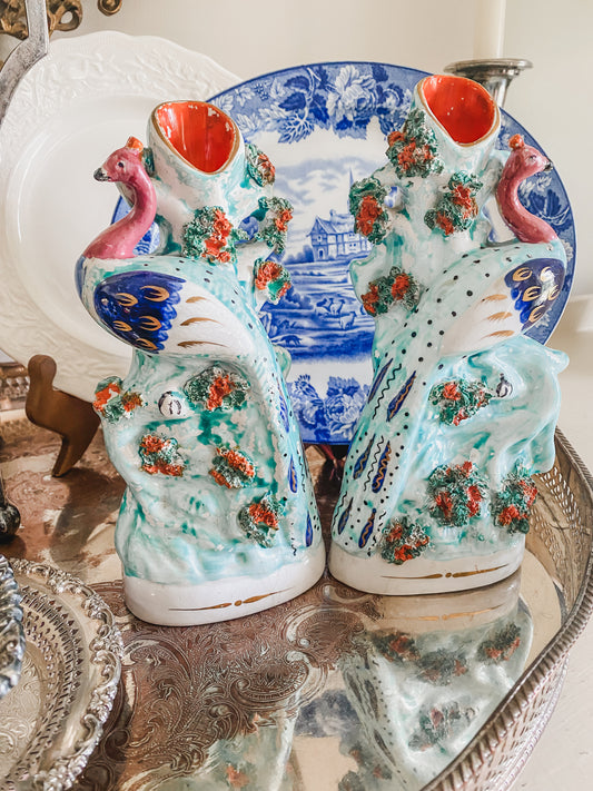 Pair of Rare Antique 1860’s Staffordshire Peacock Spill Vases