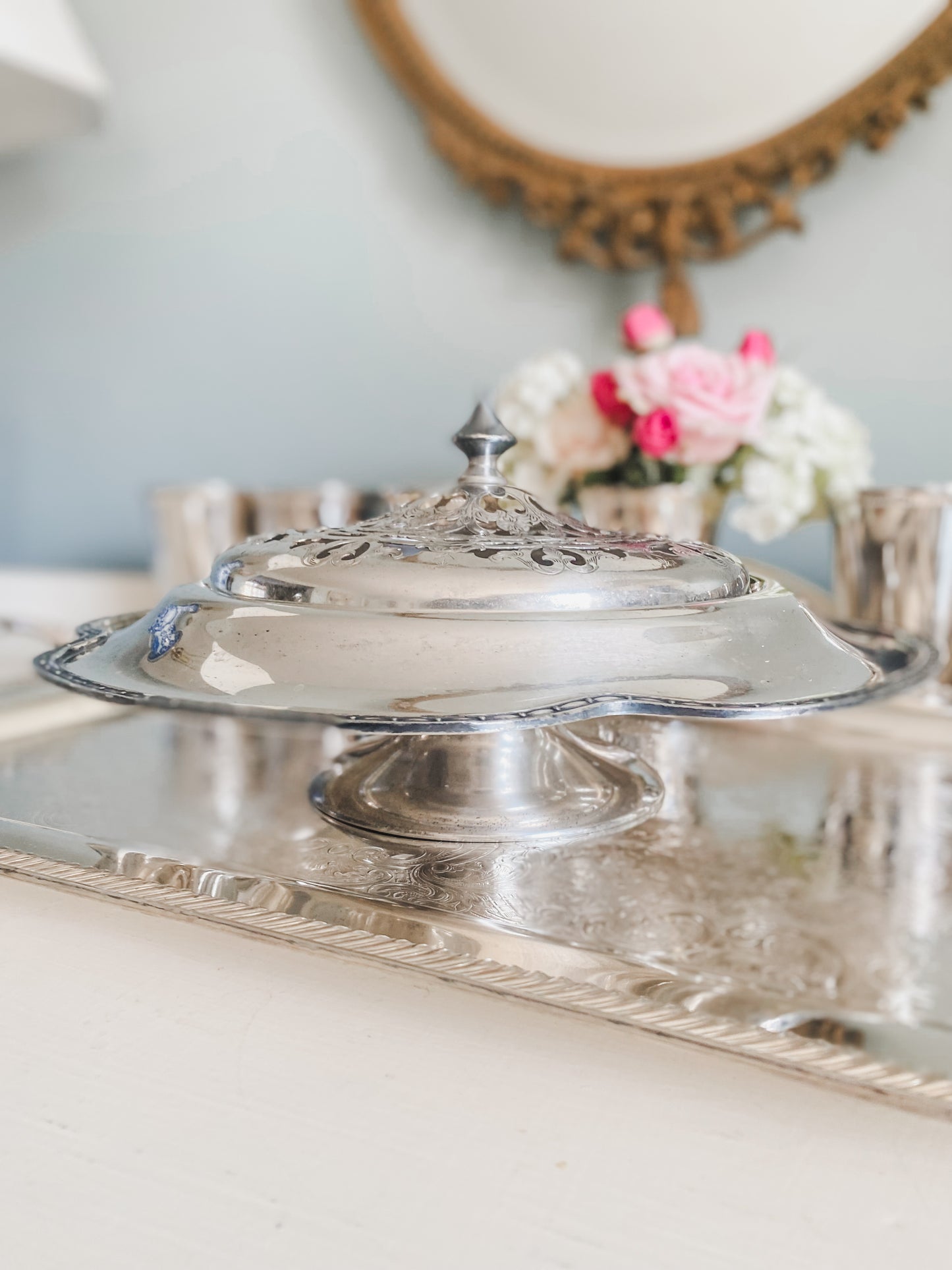 Antique Silver Pedestal Flower Frog