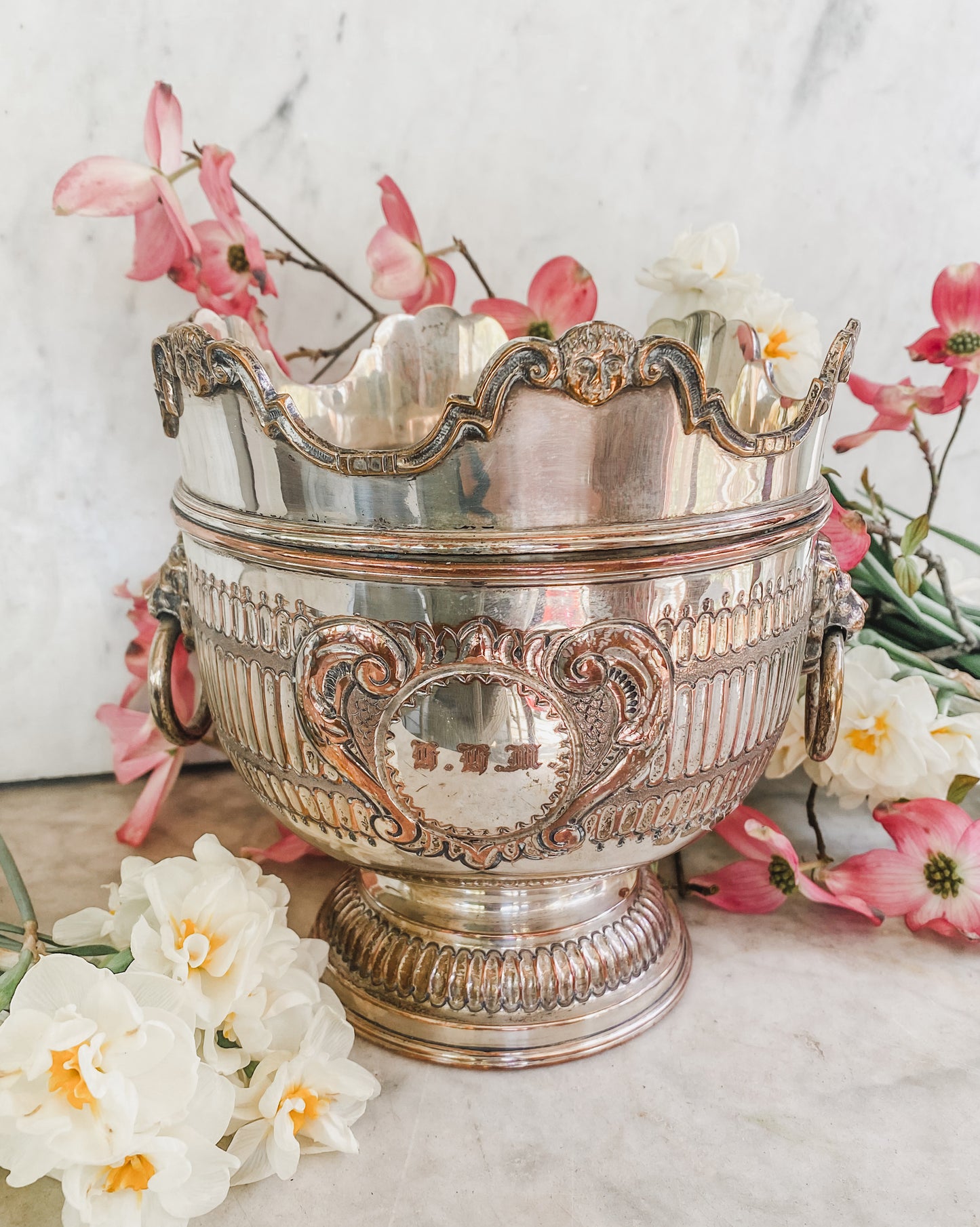 Antique Silver on Copper Pot | Early 1800s | Lion Head Handles + Cherub Detail