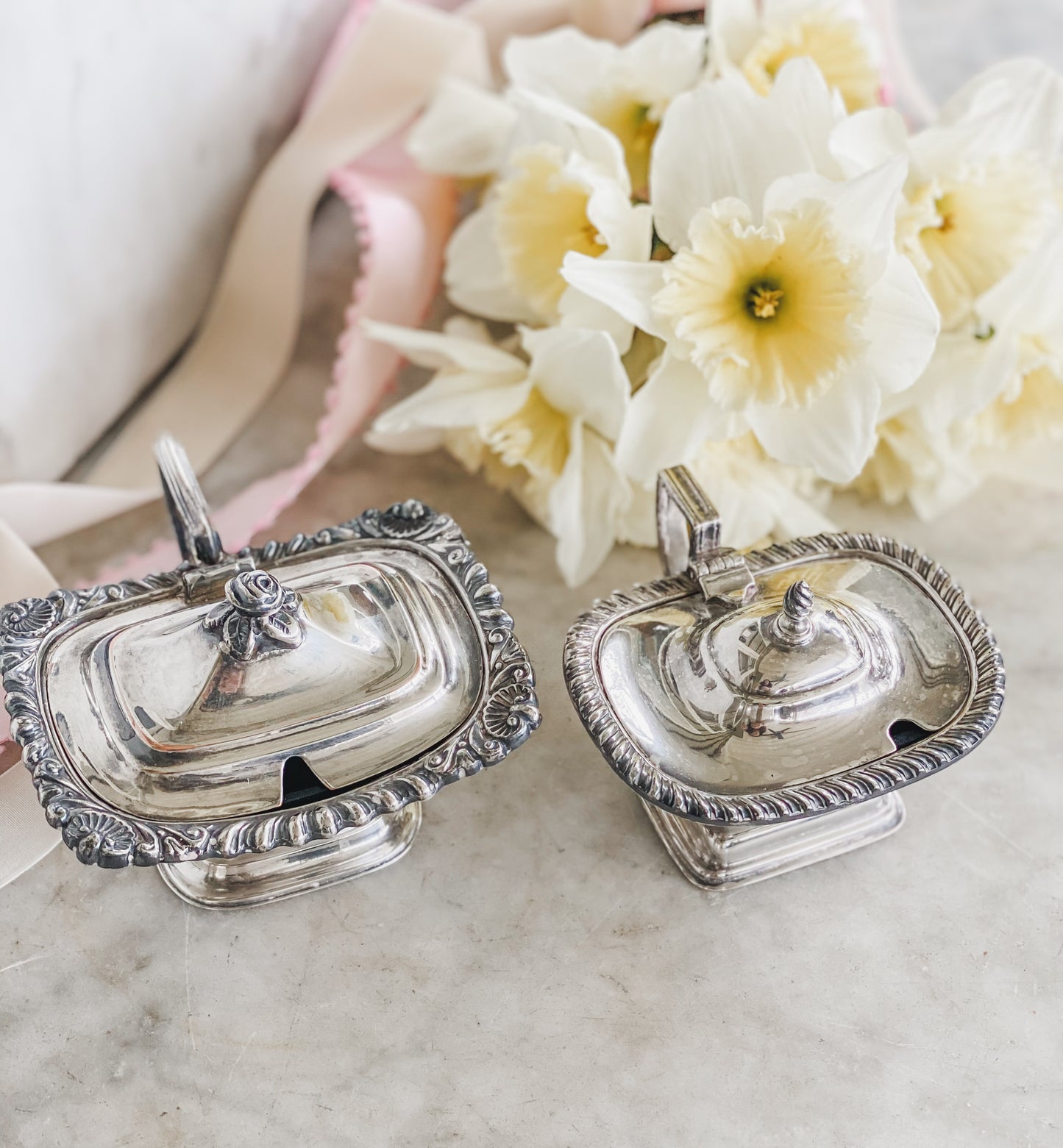 Pair Hand Chased Antique English Salt Cellars