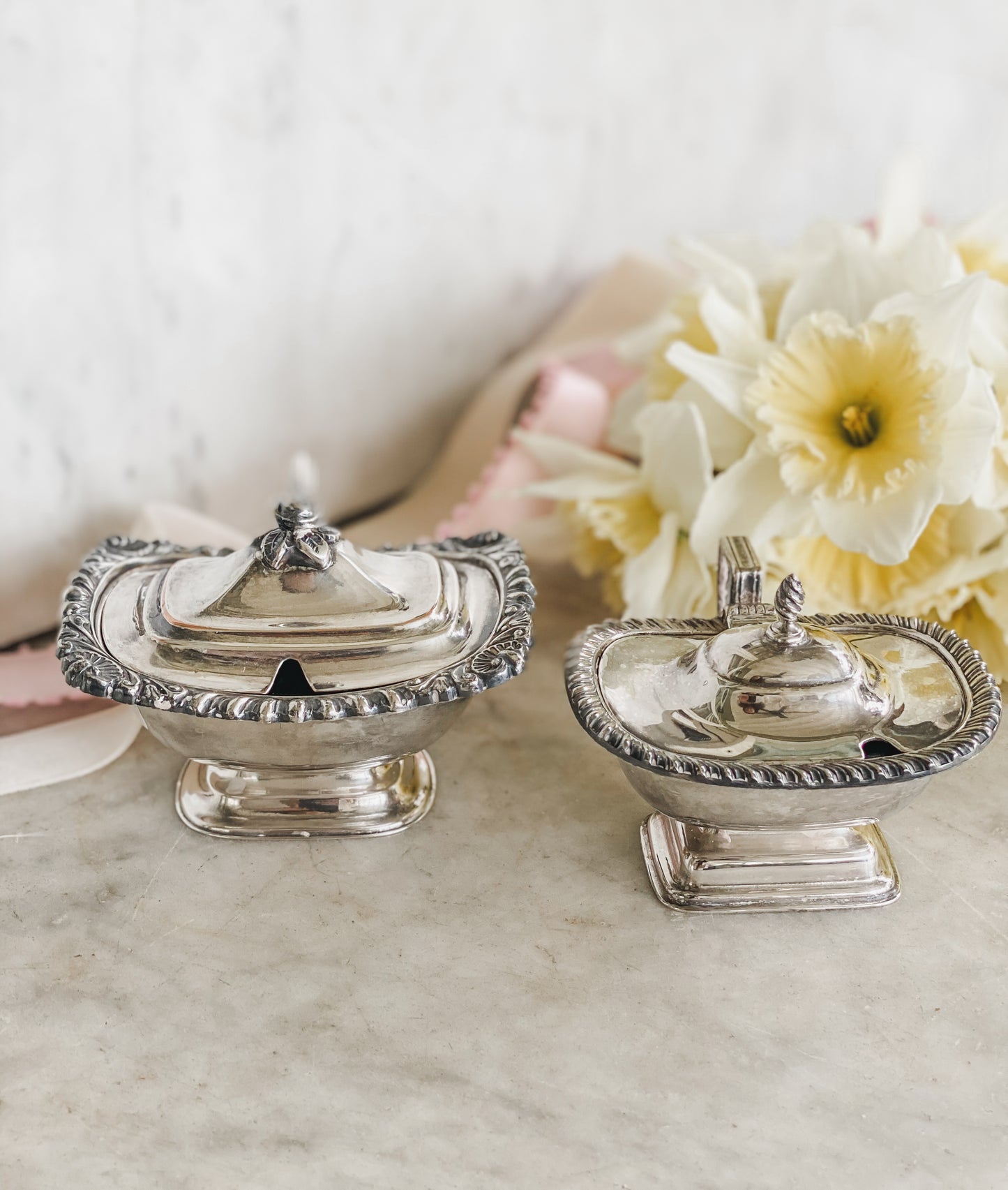 Pair Hand Chased Antique English Salt Cellars