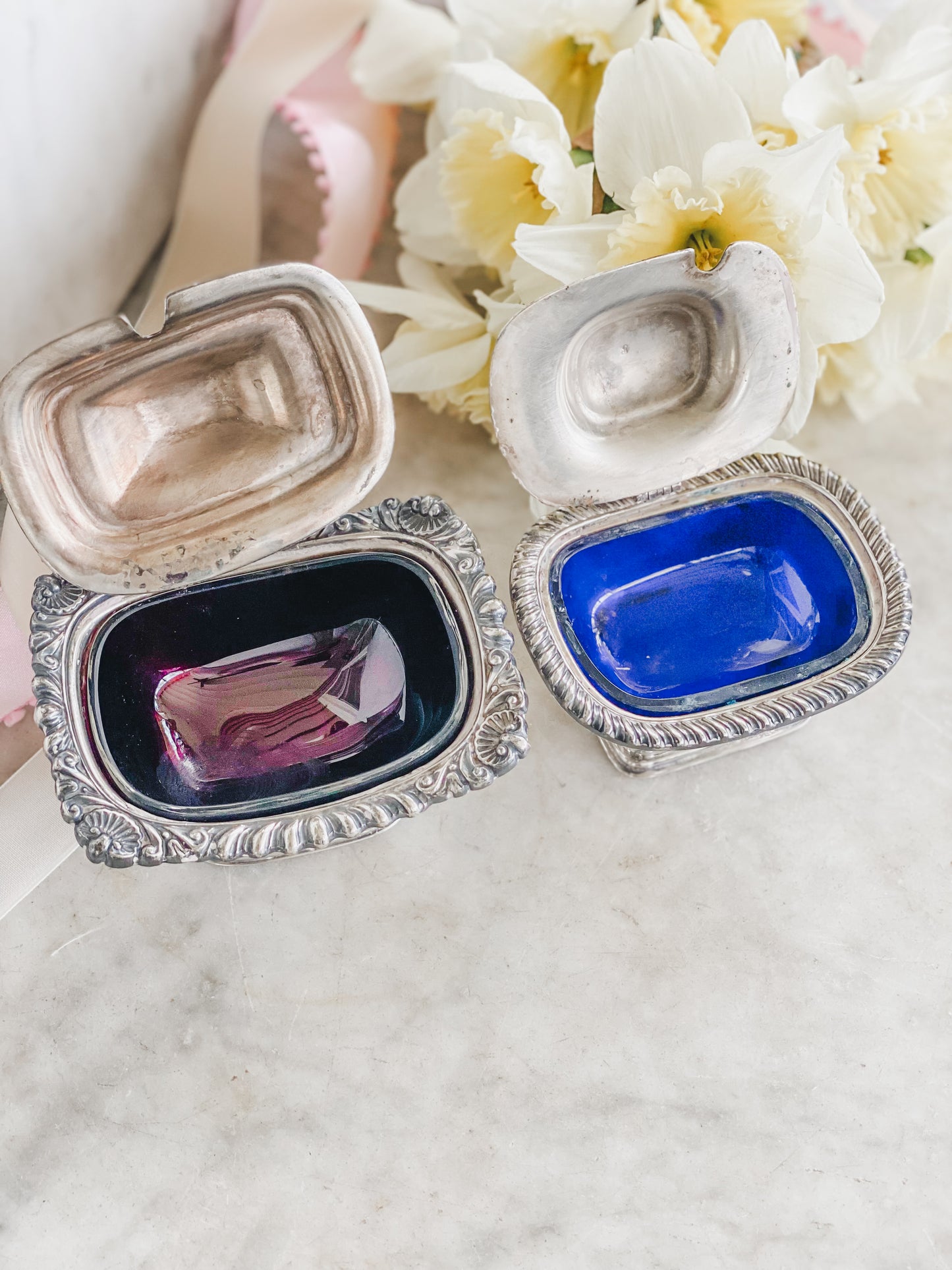 Pair Hand Chased Antique English Salt Cellars