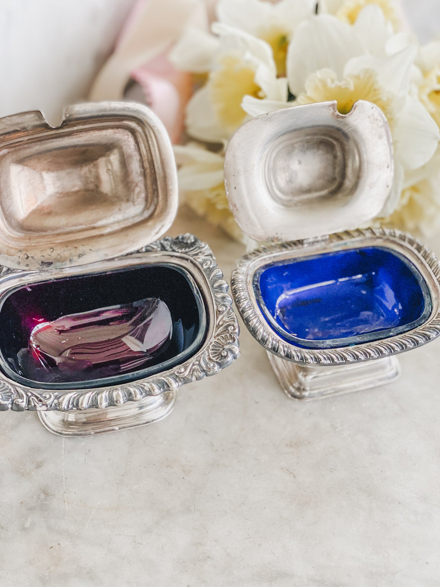 Pair Hand Chased Antique English Salt Cellars