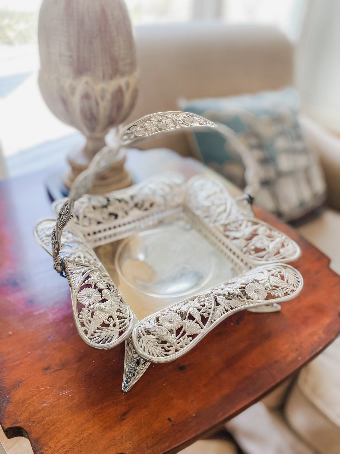 Excellent Antique Quadroupleplate Hummingbird Basket