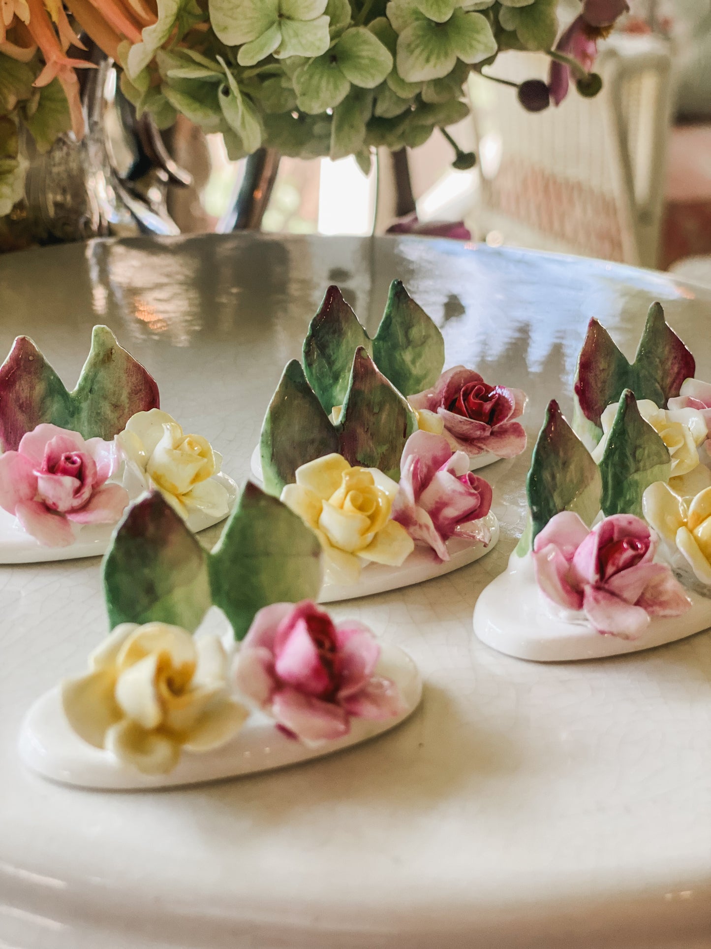 Set of 6 Staffordshire Pink and Yellow Placecard Holders