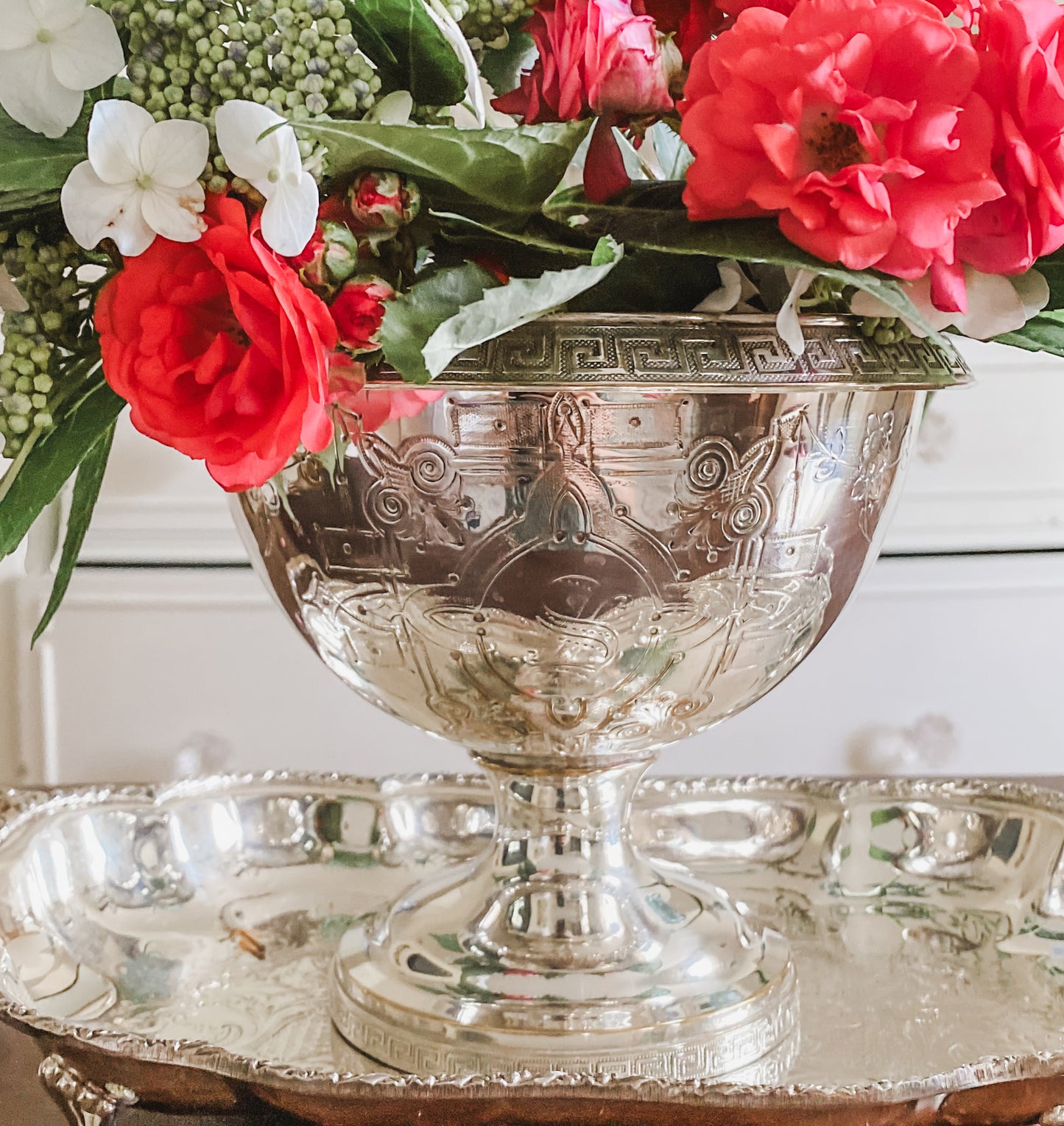 Antique Pedestal Greek Key Bowl